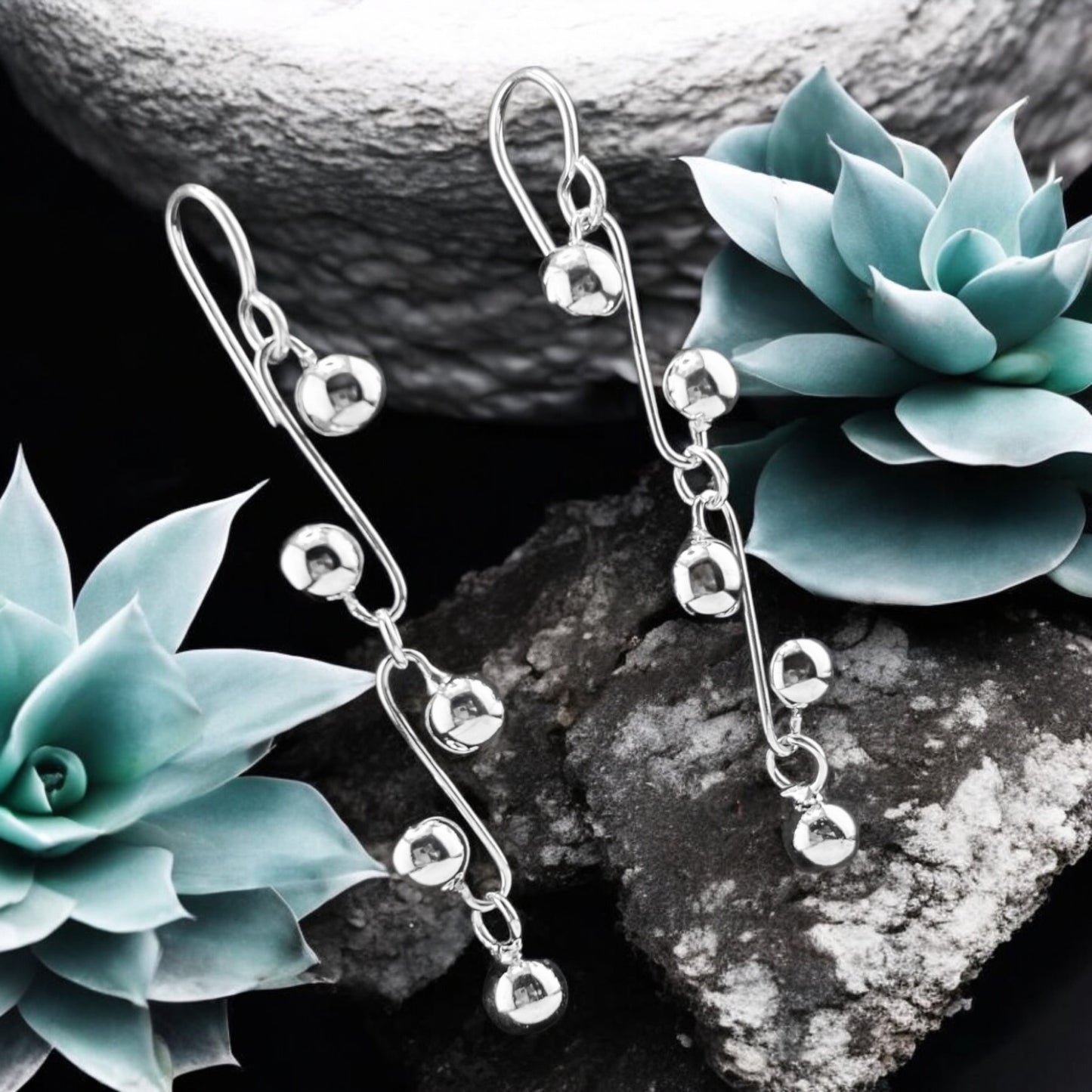 Sterling Silver .925 HOOK Earrings 12mmx50mm alternating Silver Balls