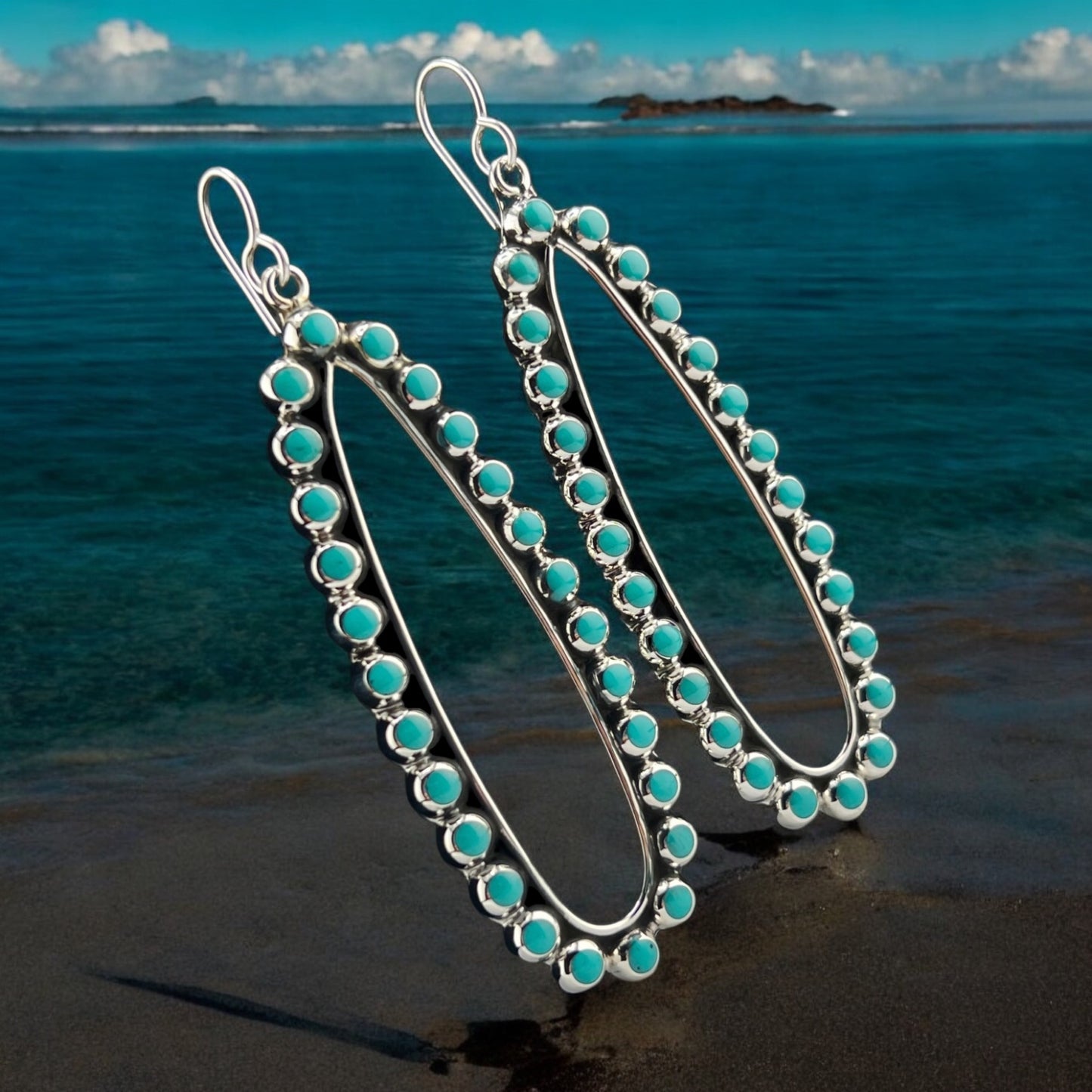 Sterling Silver .925 HOOK Earrings 25mmx70mm Long ellipse with coralina stone
