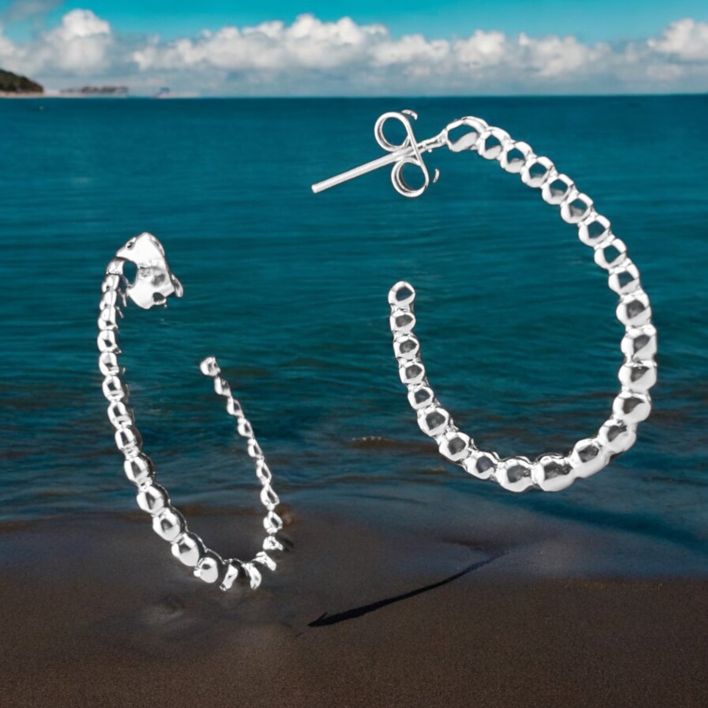 Sterling Silver .925 POST Earrings 20mmx27mm Silver Beaded Hook