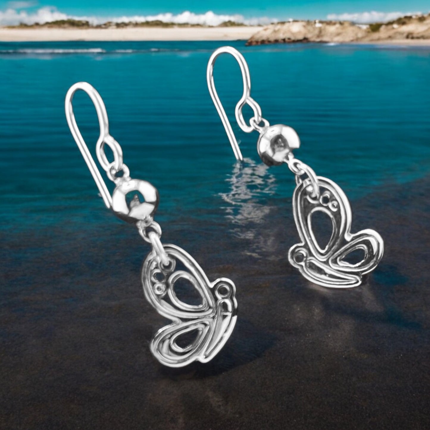 Sterling Silver .925 HOOK Earrings 12mmx25mm Butterfly