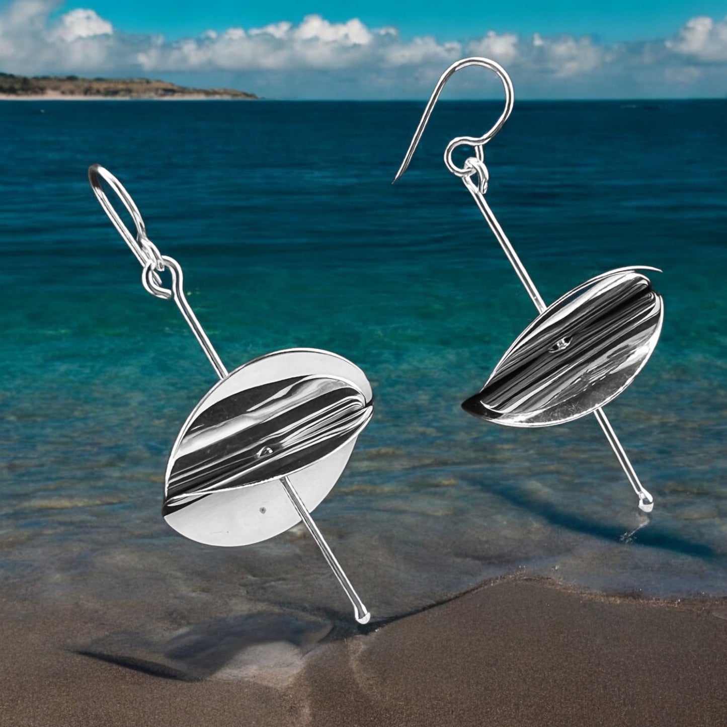Sterling Silver .925 HOOK Earrings 30mmx50mm Two Potatoe Shape discs
