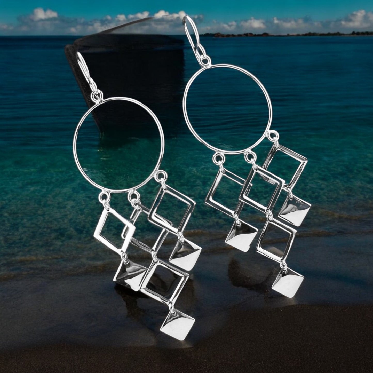 Sterling Silver .925 HOOK Earrings 26mmx65mm Circle with Diamond Dangles