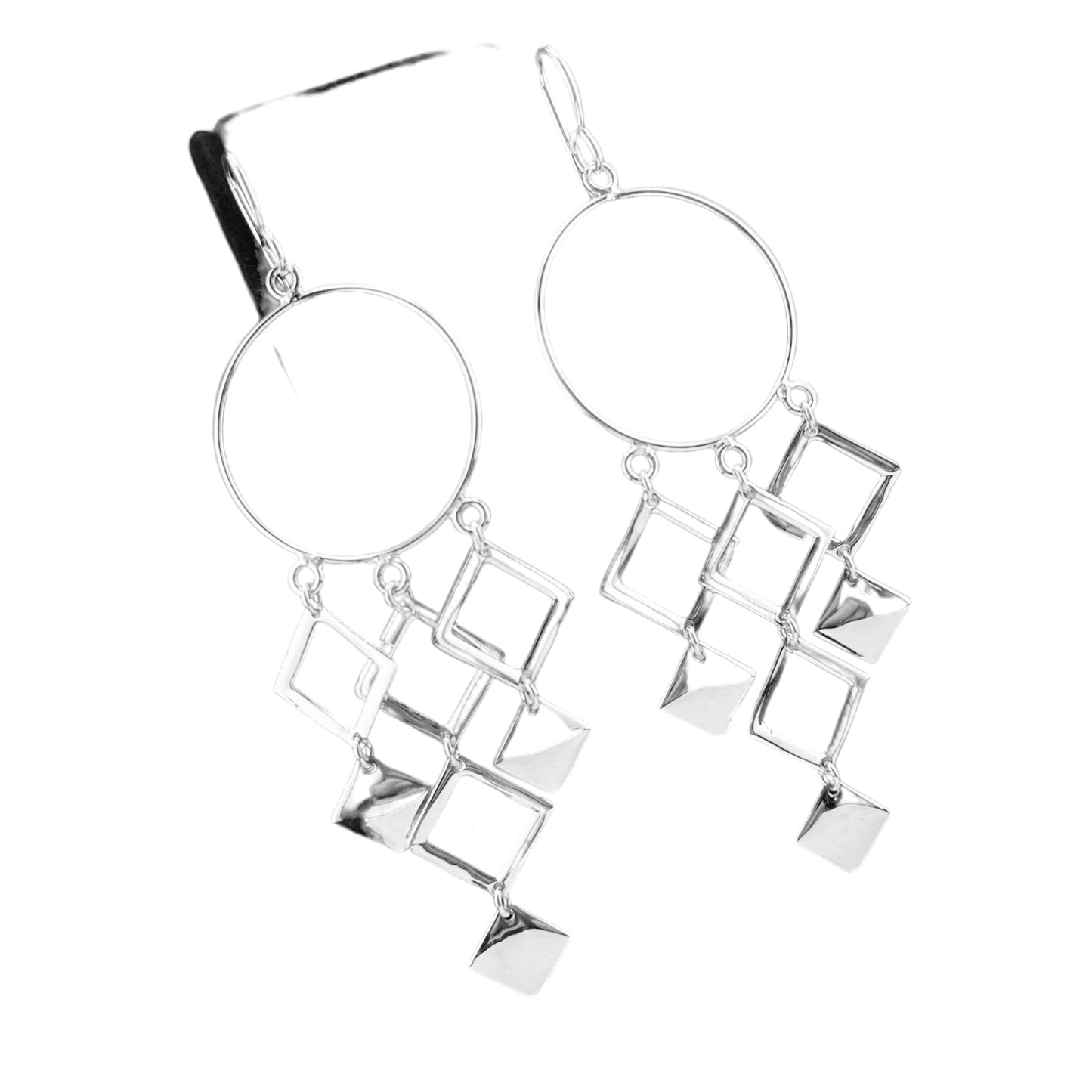 Sterling Silver .925 HOOK Earrings 26mmx65mm Circle with Diamond Dangles