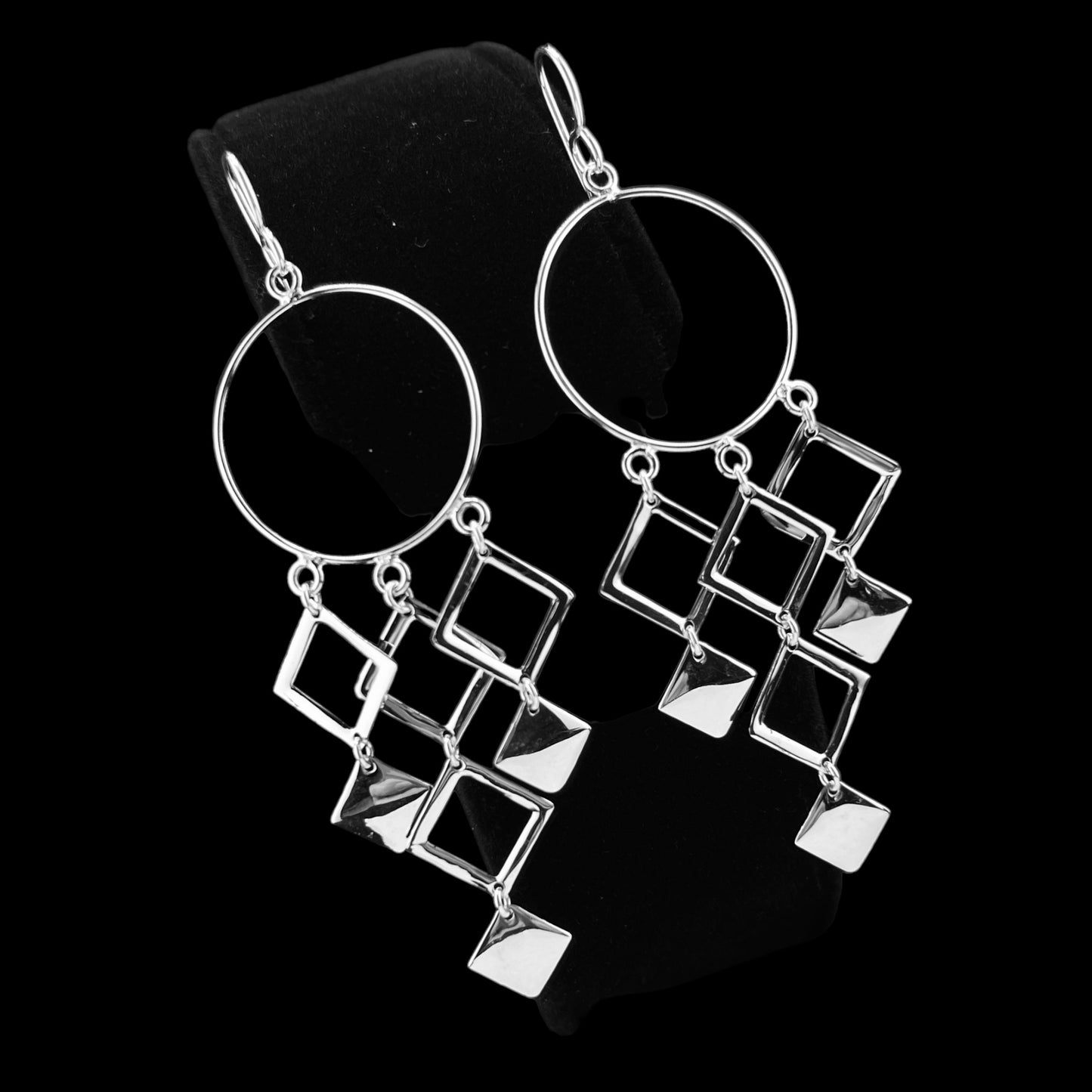 Sterling Silver .925 HOOK Earrings 26mmx65mm Circle with Diamond Dangles