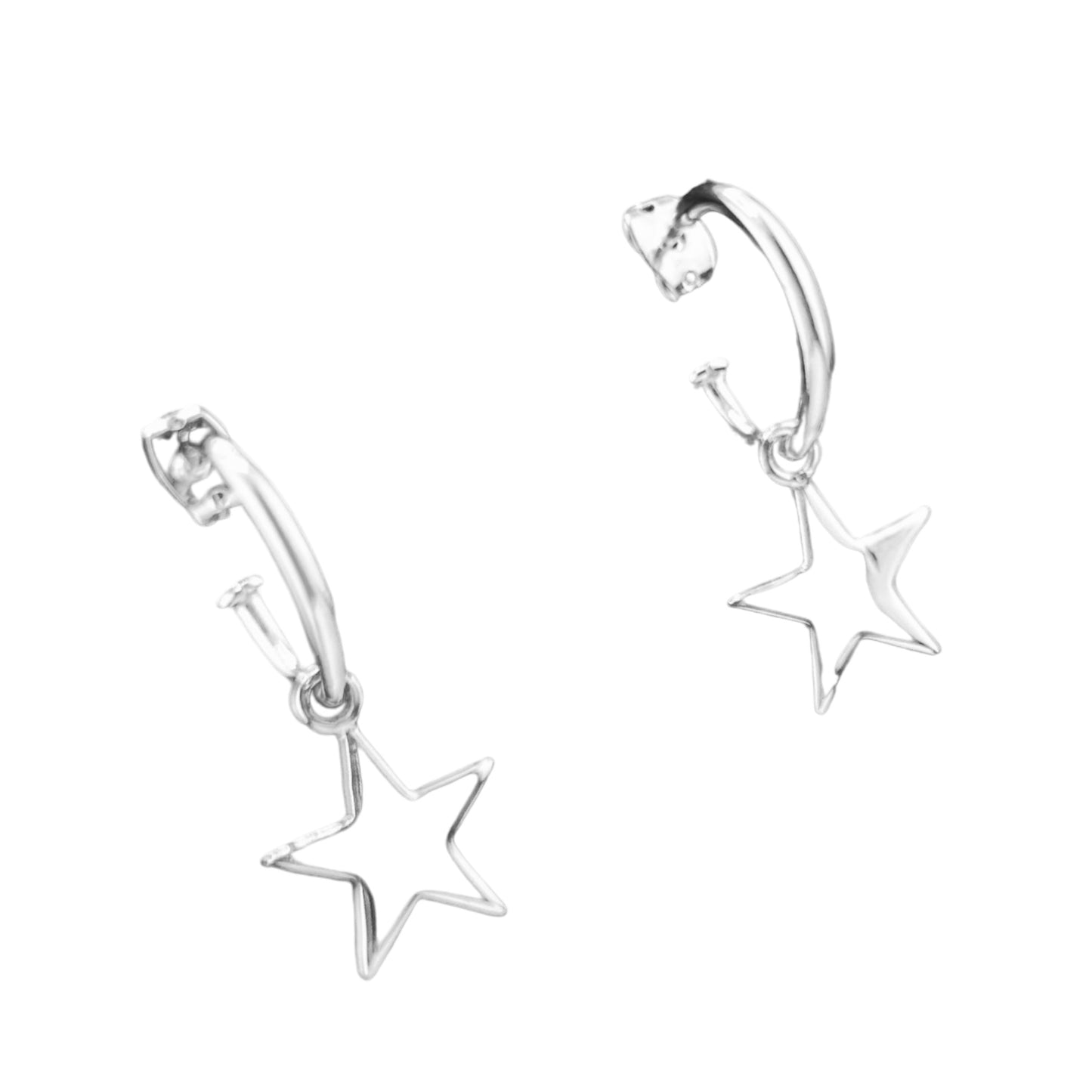 Sterling Silver .925 POST Earrings 15mmx35mm HOOP w Star