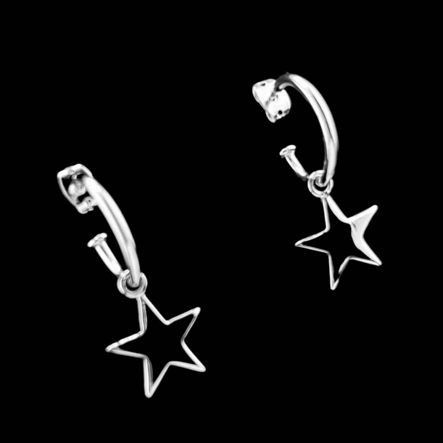 Sterling Silver .925 POST Earrings 15mmx35mm HOOP w Star