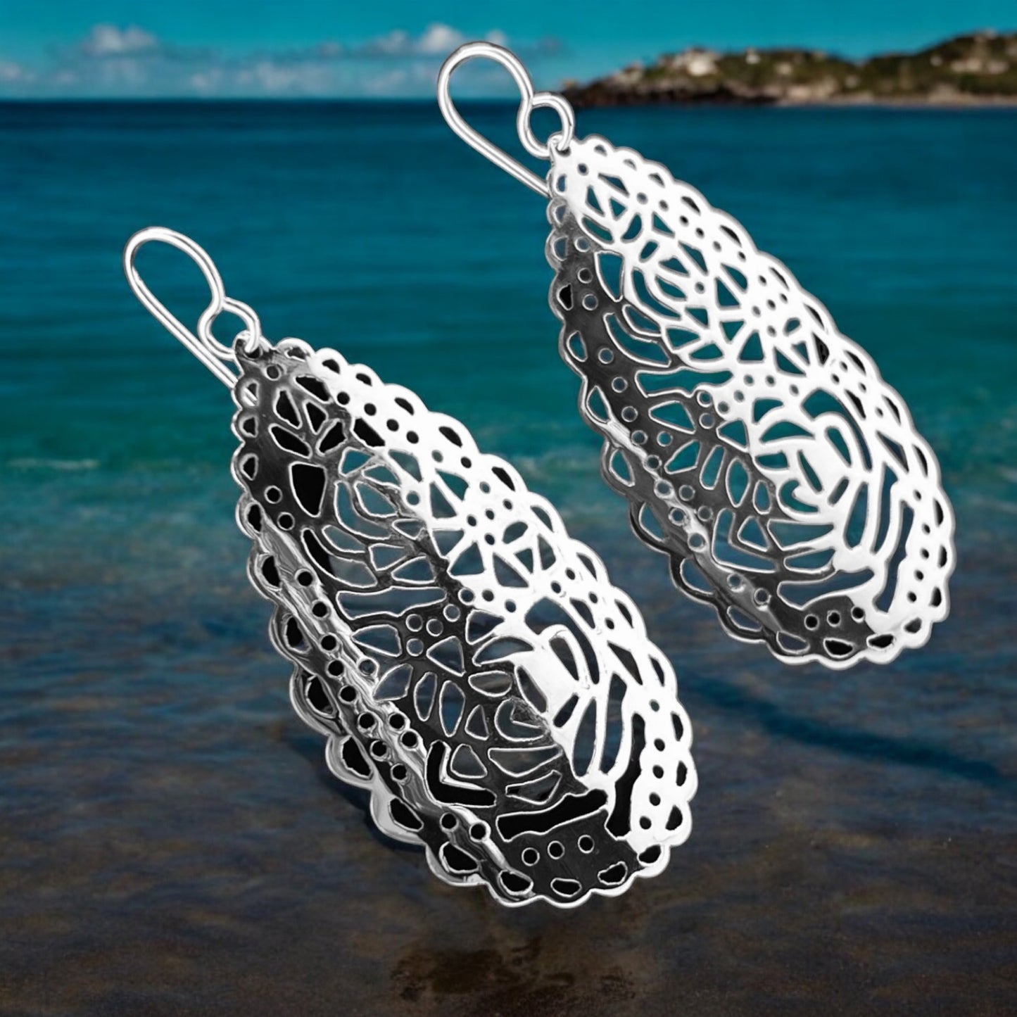 Sterling Silver .925 HOOK Earrings 30mmx60mm mandala