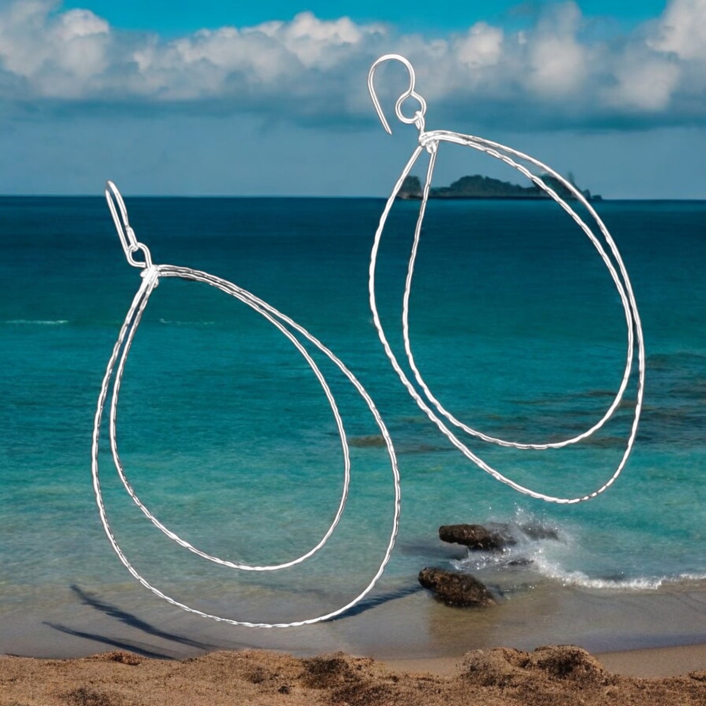 Sterling Silver .925 HOOP HOOK Earrings 50mmx75mm Two Strand elongated hoope with rope wire