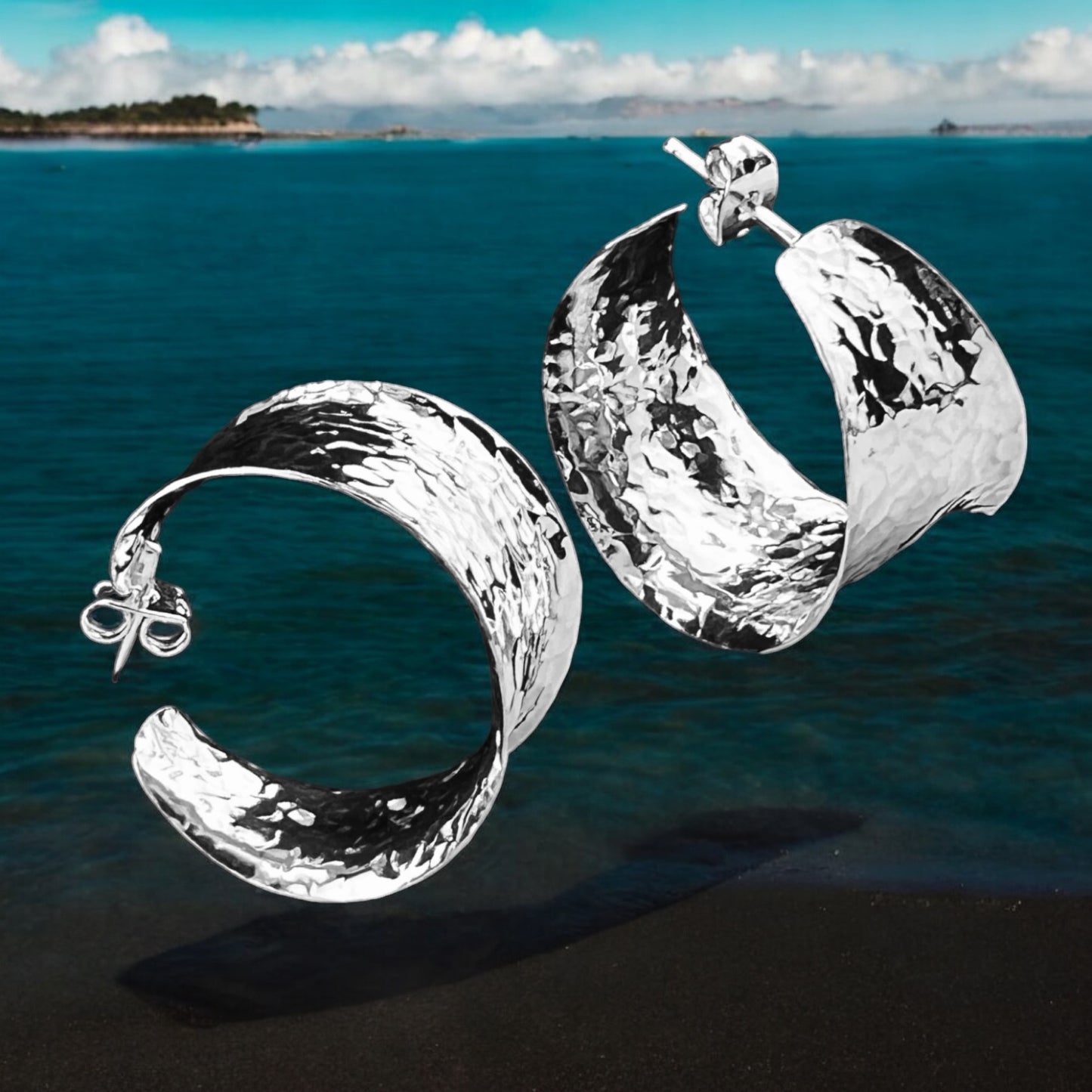 Sterling Silver .925 HOOP POST Earrings 28mmx16mm Slightly Cupped Hammered Finish