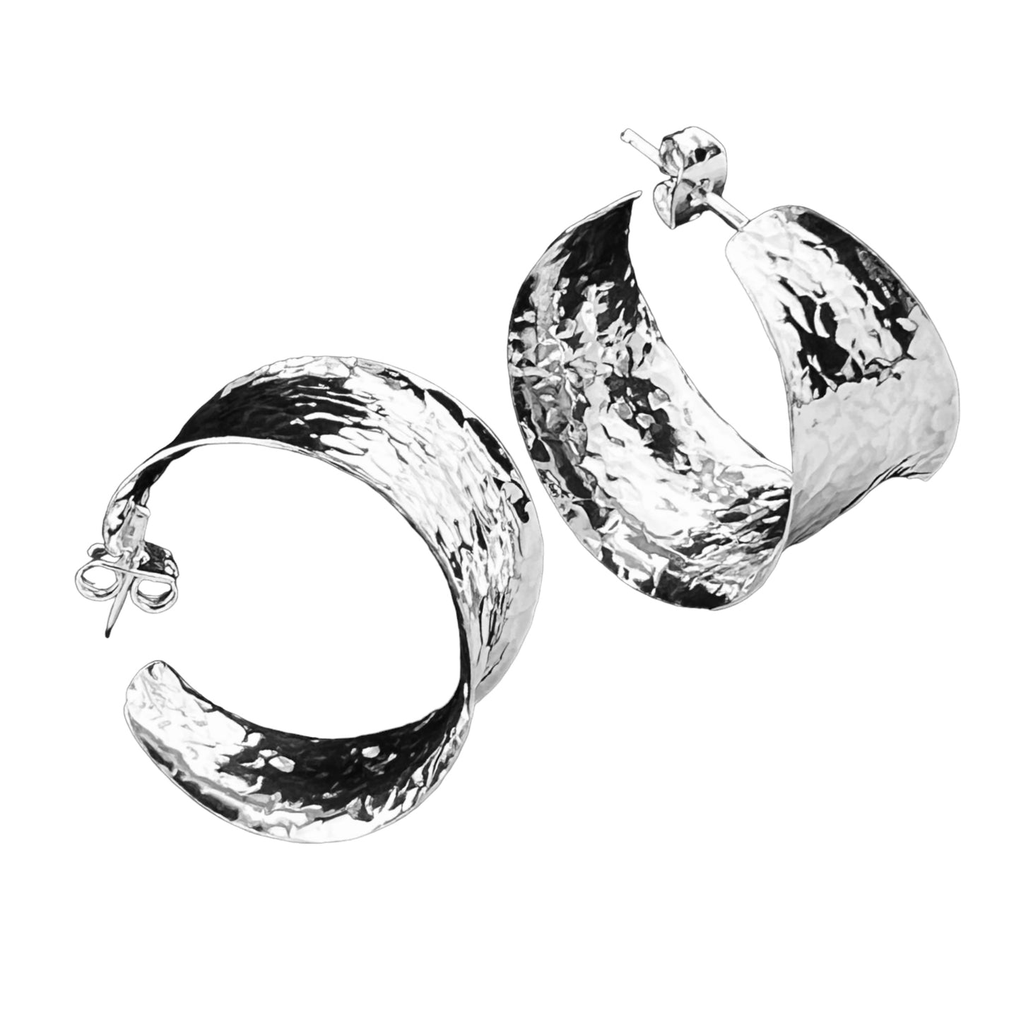 Sterling Silver .925 HOOP POST Earrings 28mmx16mm Slightly Cupped Hammered Finish