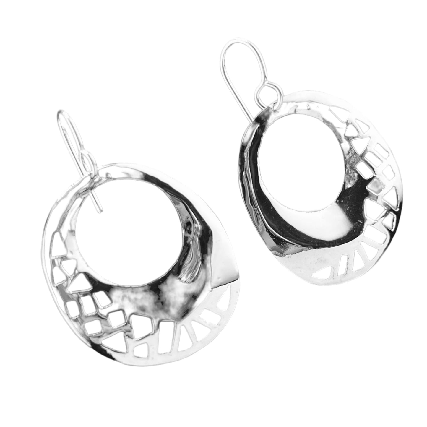 Sterling Silver .925 HOOK Earrings 27mmx32mm Perforated Perimeter with Smooth center