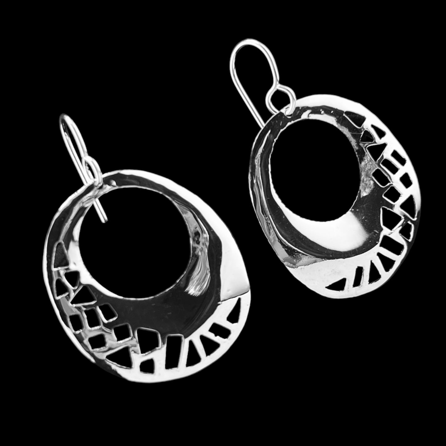 Sterling Silver .925 HOOK Earrings 27mmx32mm Perforated Perimeter with Smooth center