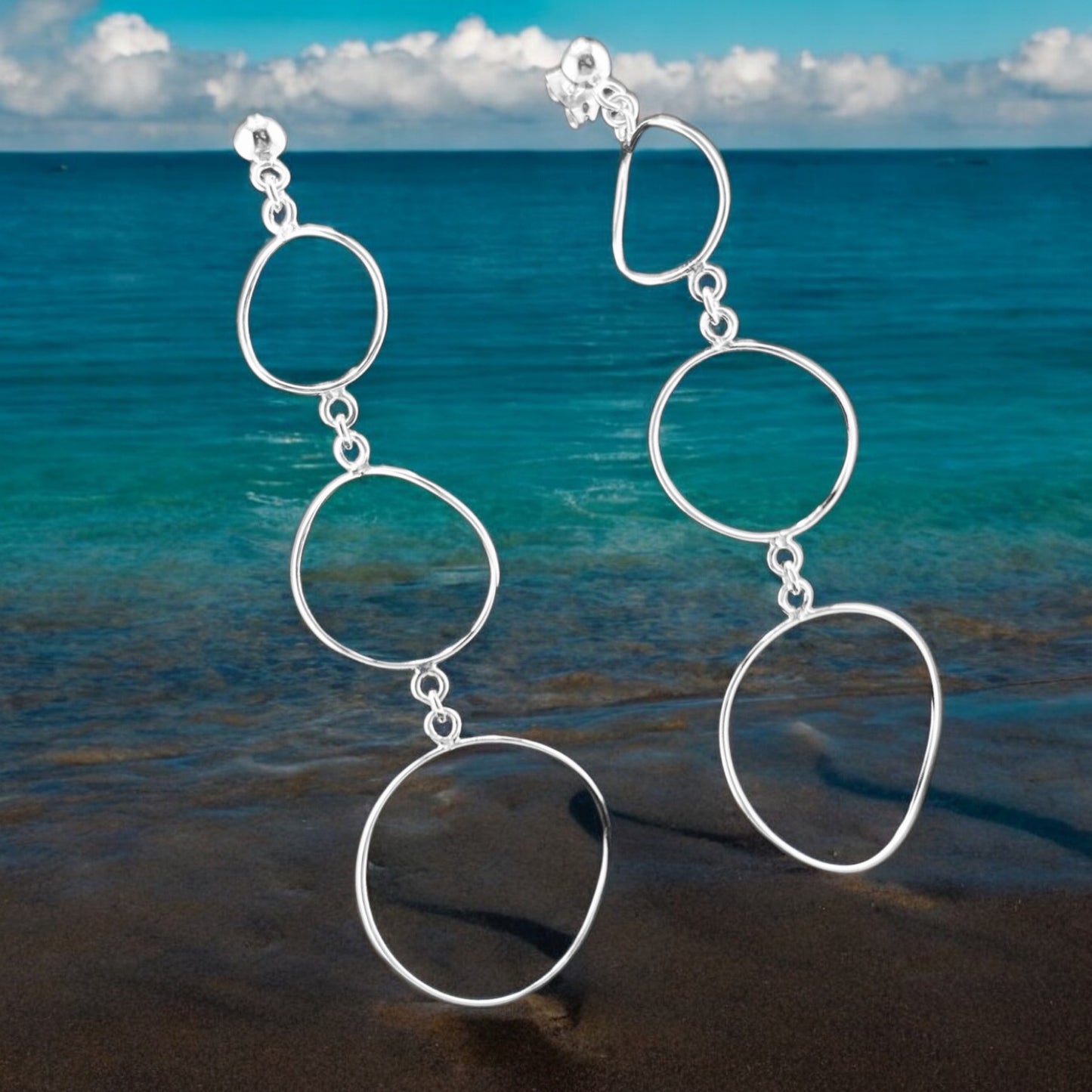 Sterling Silver .925 POST Earrings 44mmx80mm Three tier with Circles