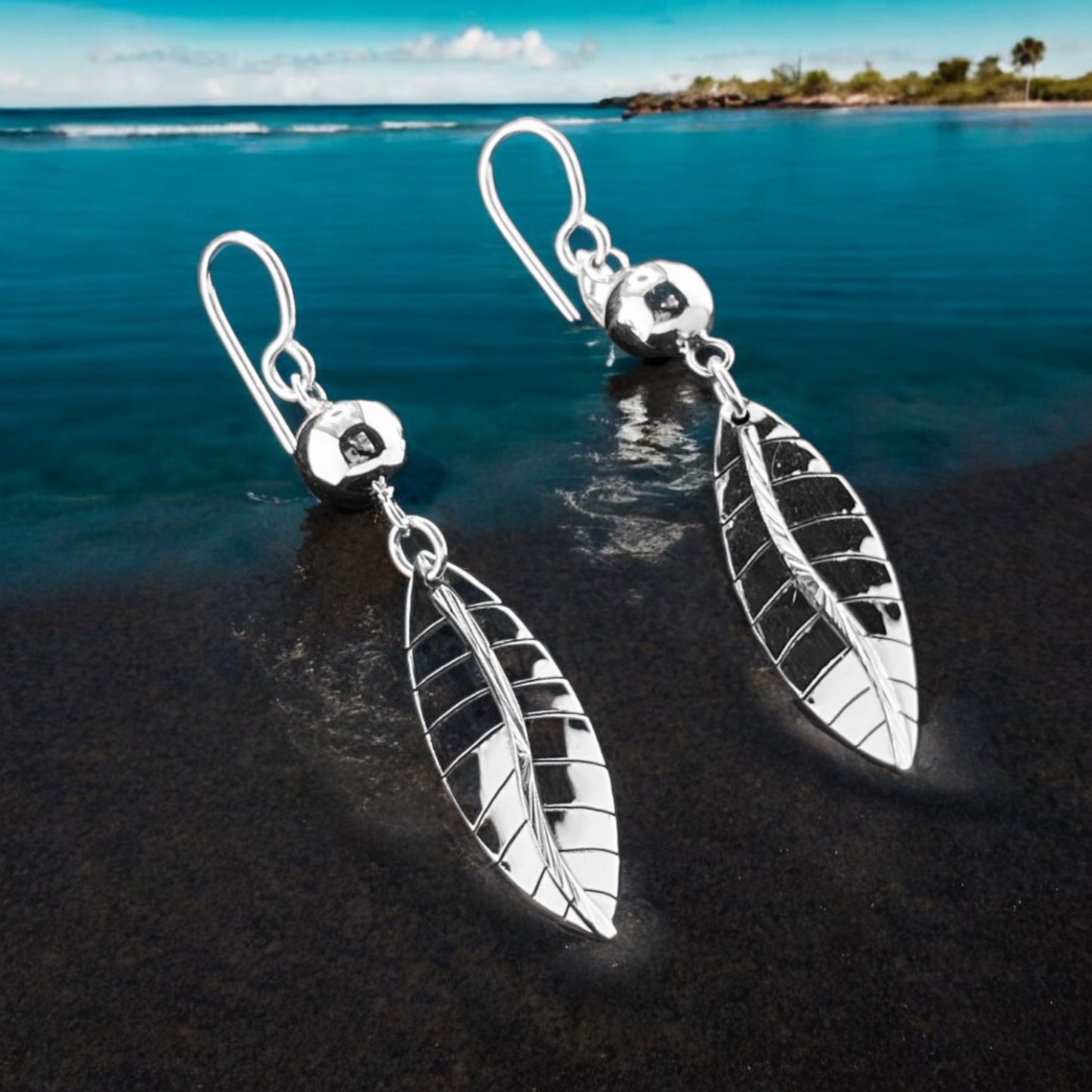 Sterling Silver .925 HOOK Earrings 11mmx40mm Leaf with Silver Ball
