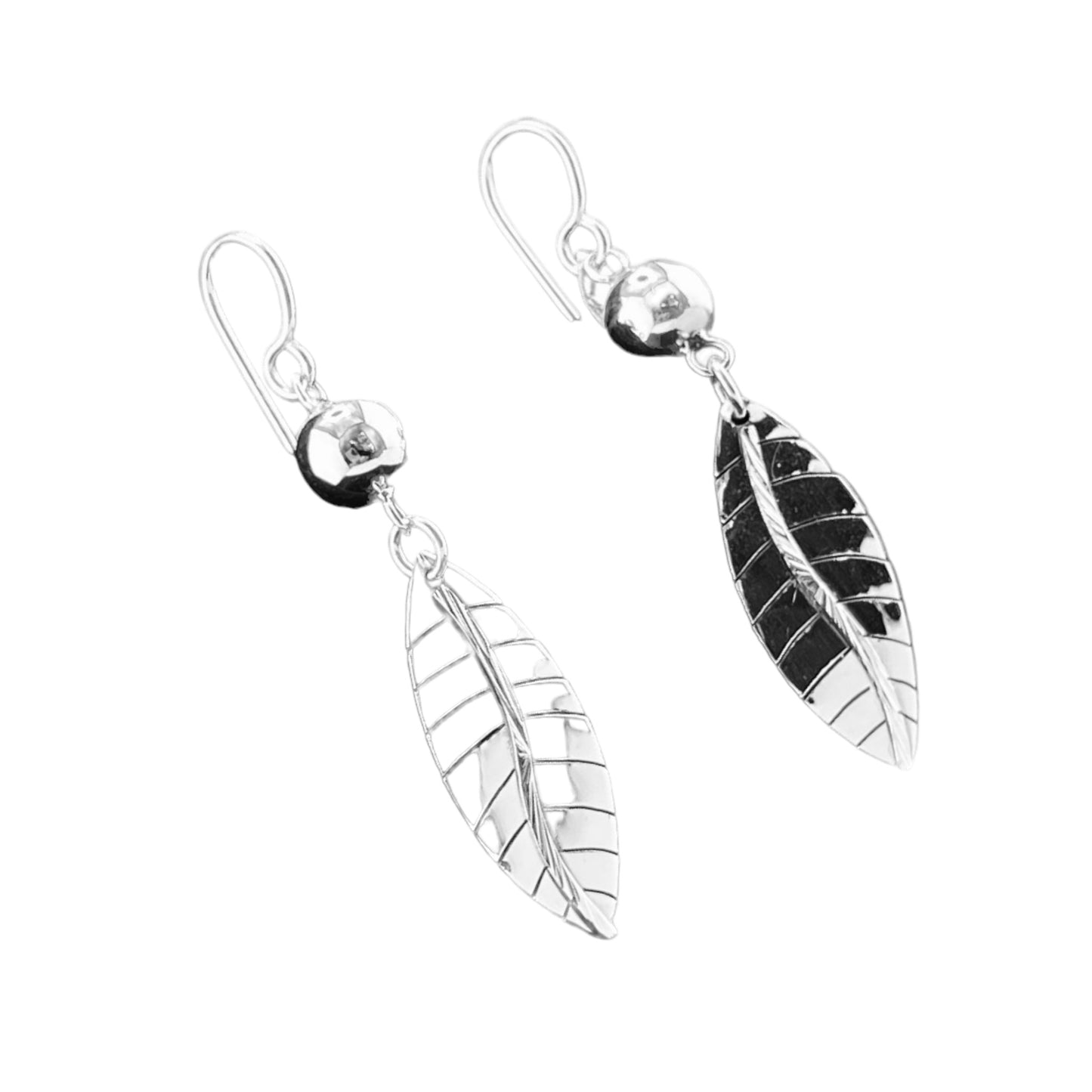 Sterling Silver .925 HOOK Earrings 11mmx40mm Leaf with Silver Ball