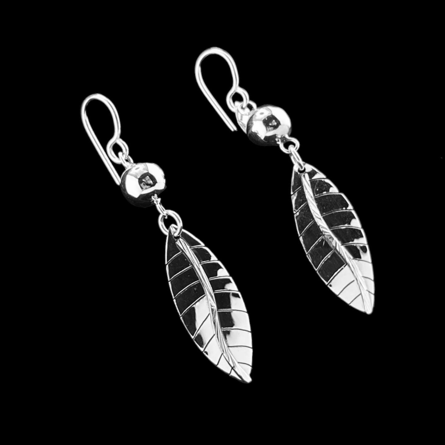 Sterling Silver .925 HOOK Earrings 11mmx40mm Leaf with Silver Ball