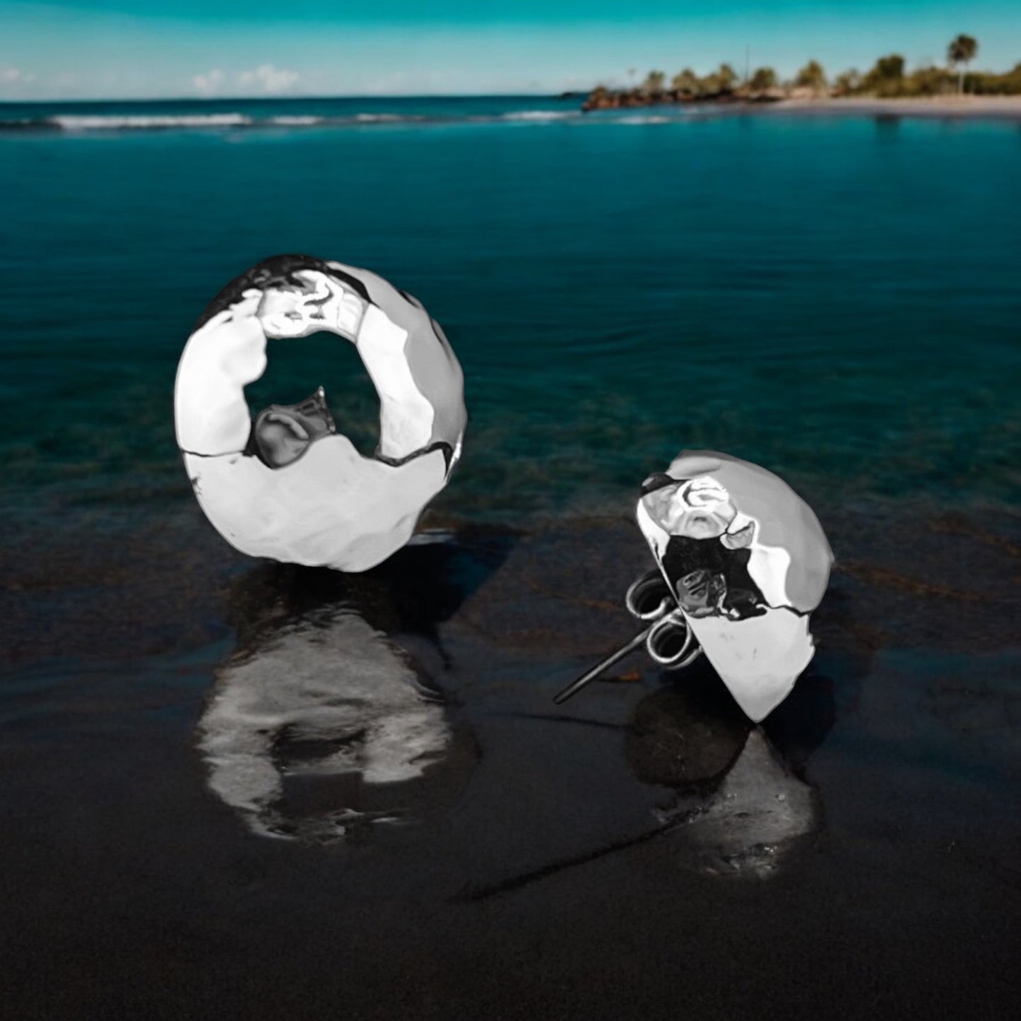 Sterling Silver .925 POST Earrings 20mmx10mm Half Ball Hammered