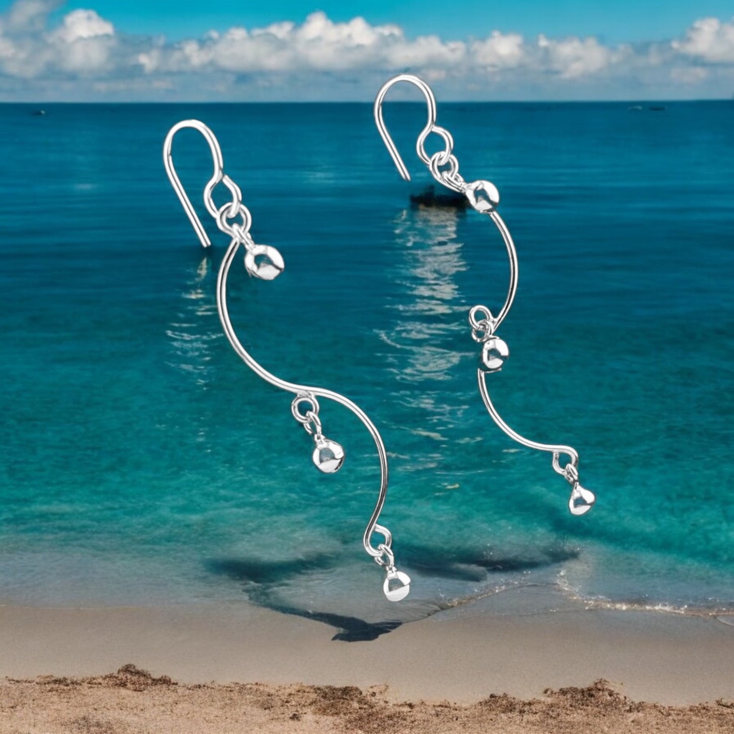 Sterling Silver .925 HOOK Earrings 10mmx45mm S Shape with three dangling balls