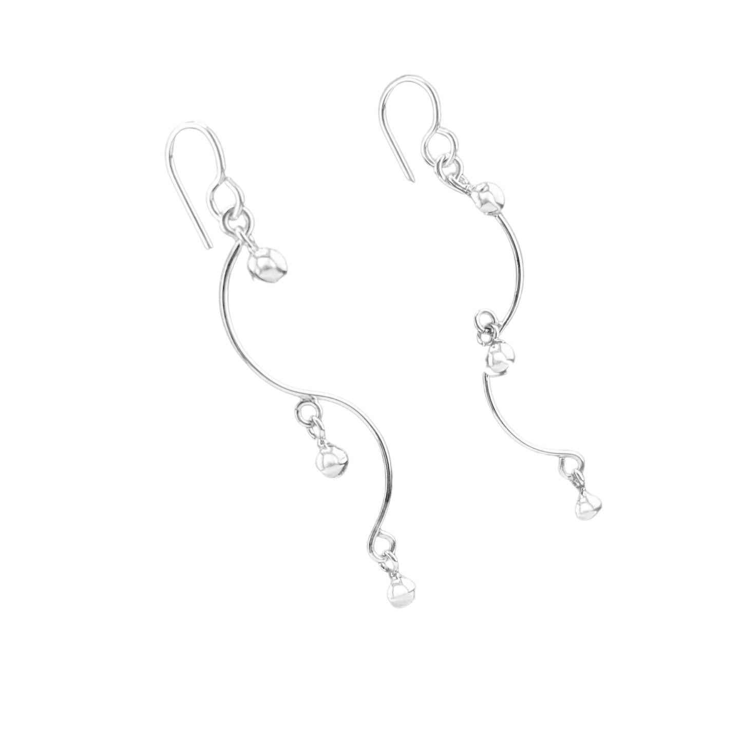 Sterling Silver .925 HOOK Earrings 10mmx45mm S Shape with three dangling balls