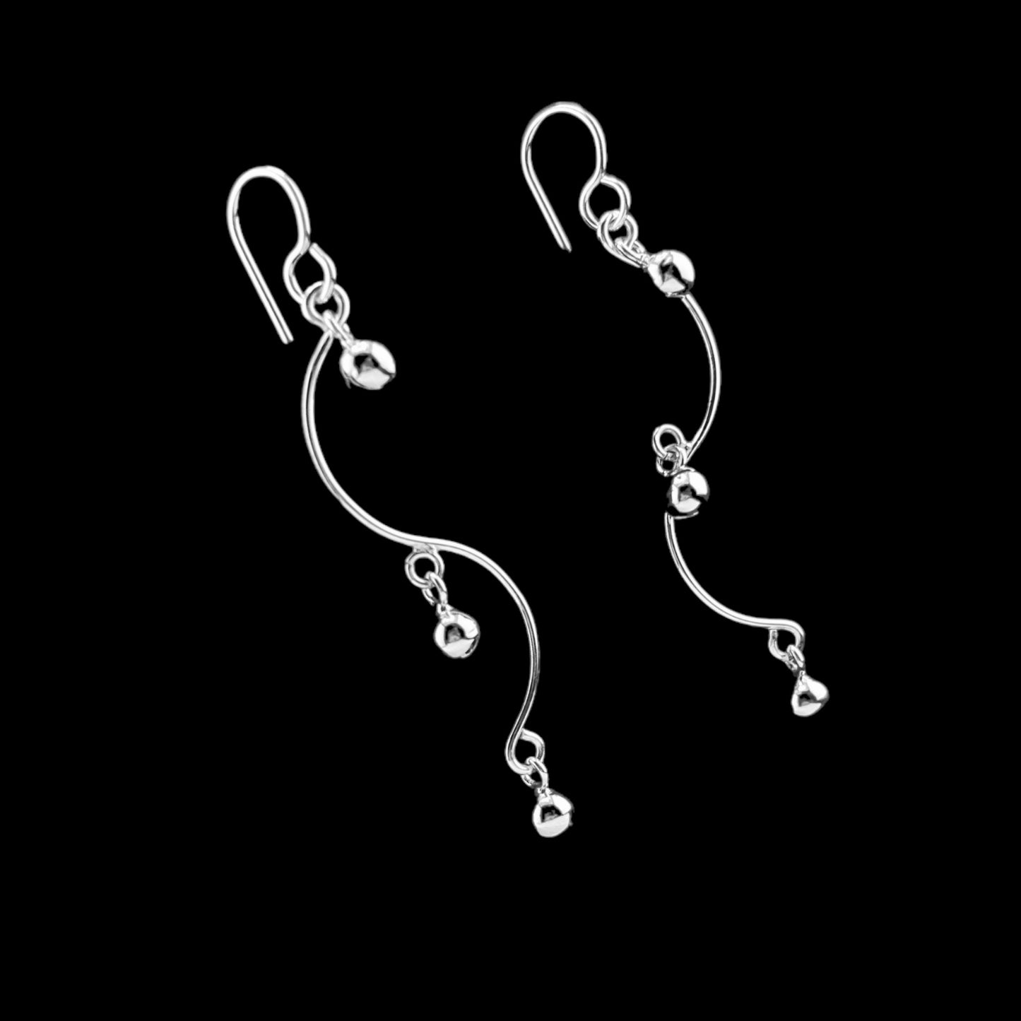Sterling Silver .925 HOOK Earrings 10mmx45mm S Shape with three dangling balls
