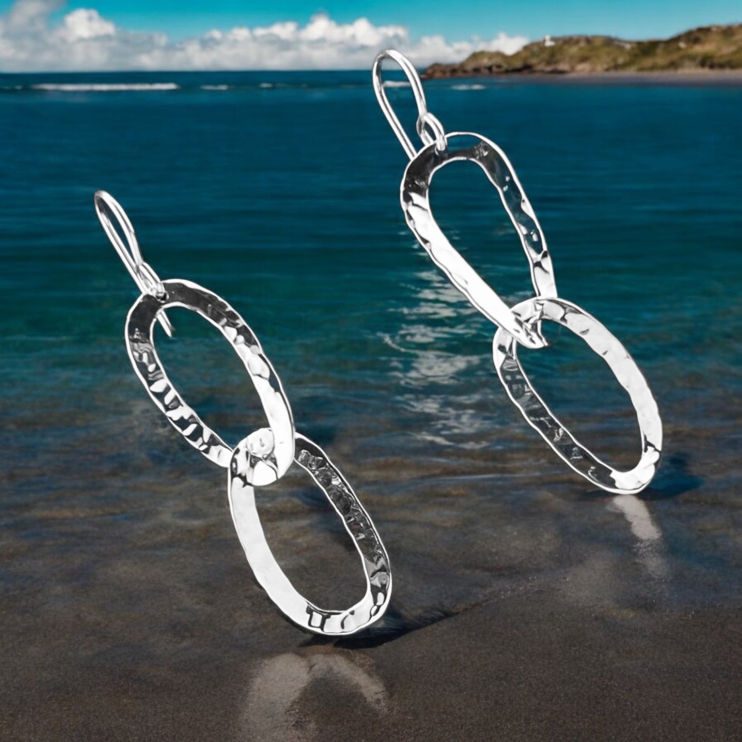 Sterling Silver .925 HOOK Earrings 20mmx42mm Double elipse hammered