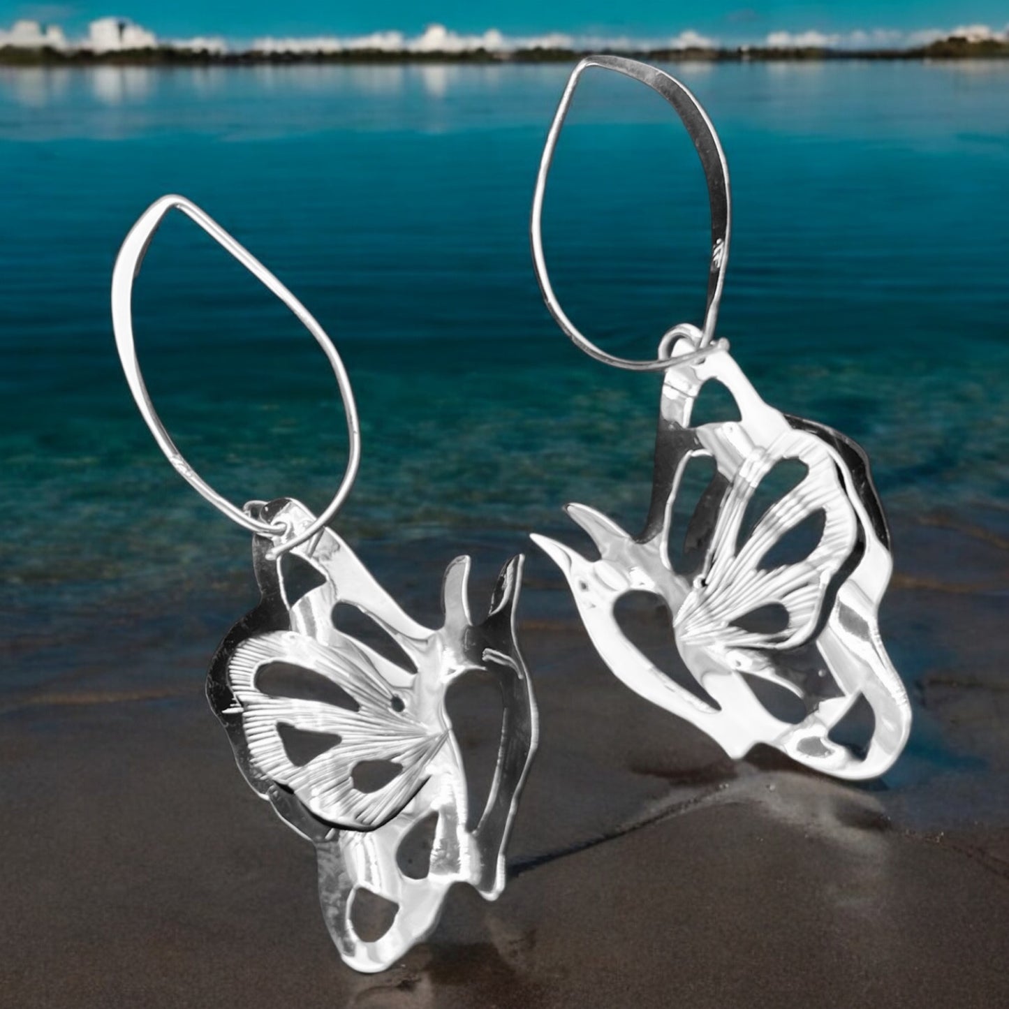 Sterling Silver .925 Self HOOK Earrings 24mmx55mm Butterfly