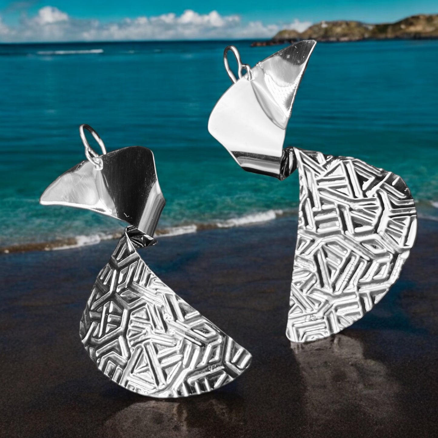 Sterling Silver .925 HOOK Earrings Two Sails 40mmx70mm