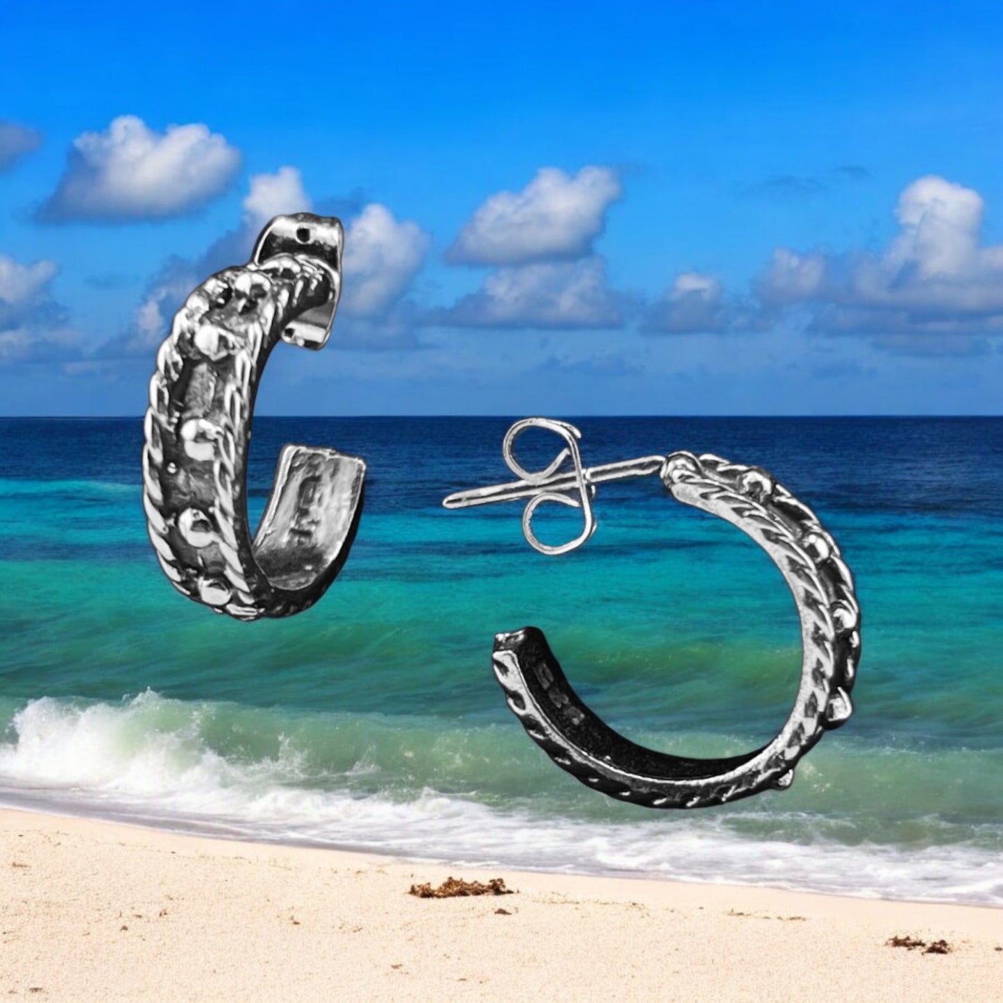Sterling Silver .925 HOOP POST Earrings 10mmx8mm Rope with Balls