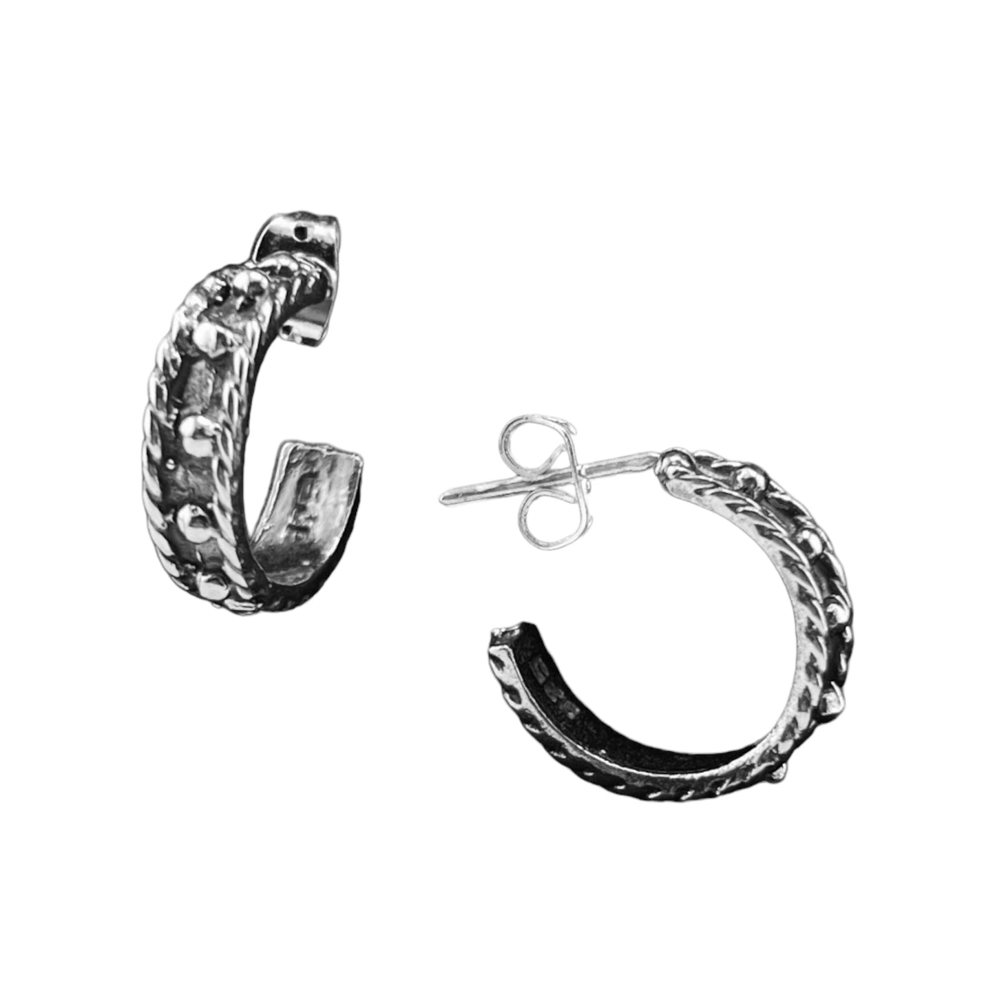 Sterling Silver .925 HOOP POST Earrings 10mmx8mm Rope with Balls