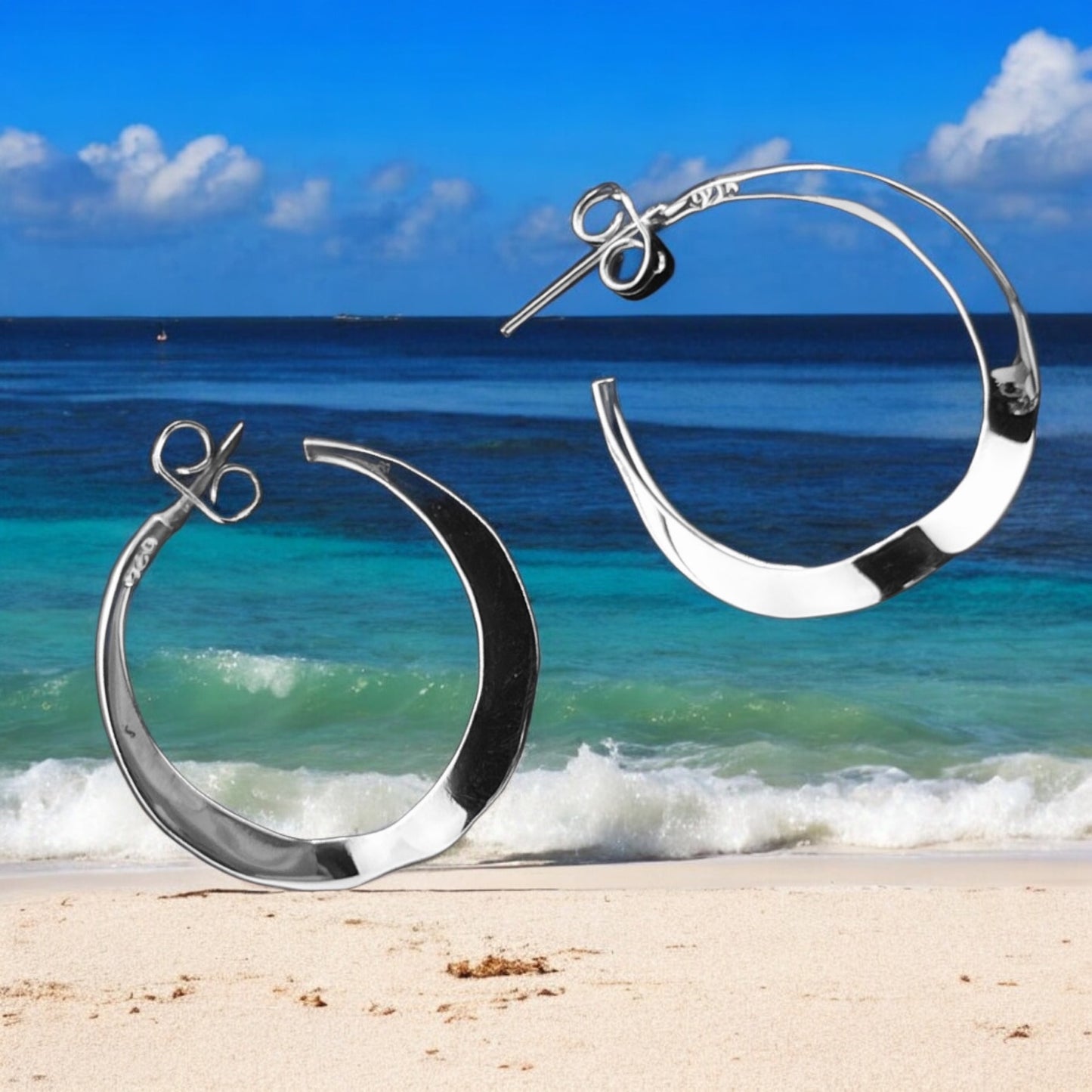 Sterling Silver .925 HOOP POST Earrings 23mm Undulating