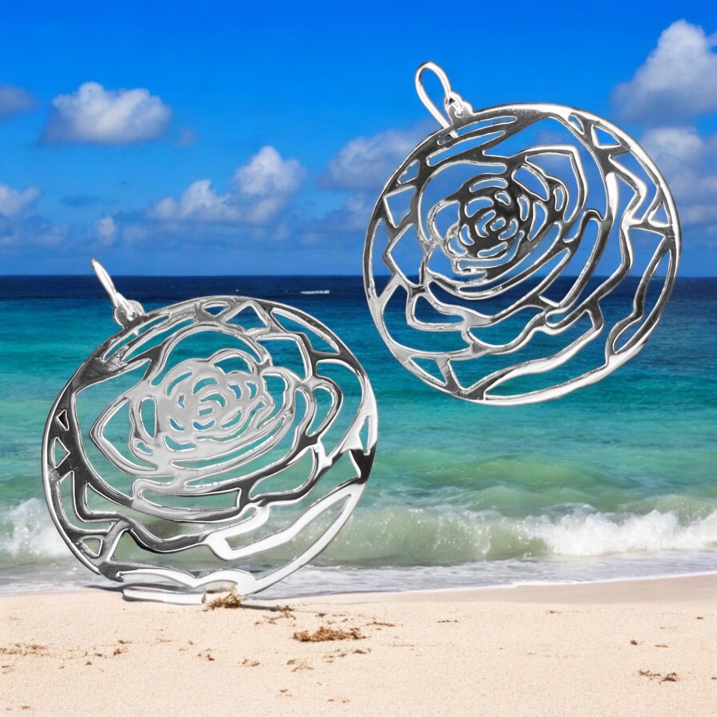 Sterling Silver .925 HOOK Earrings Rose 61mm