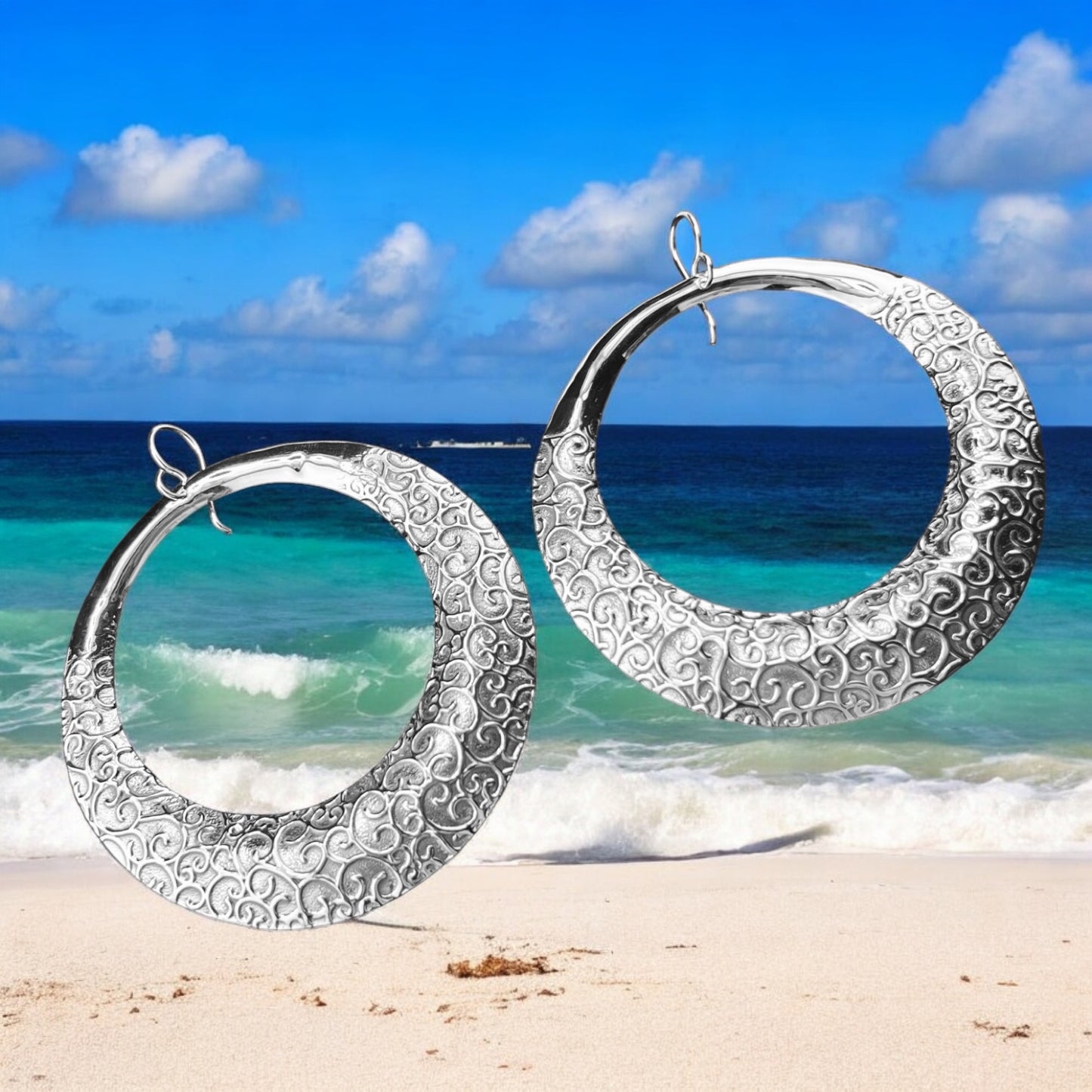 Sterling Silver .925 HOOK Earrings 68mm embossed