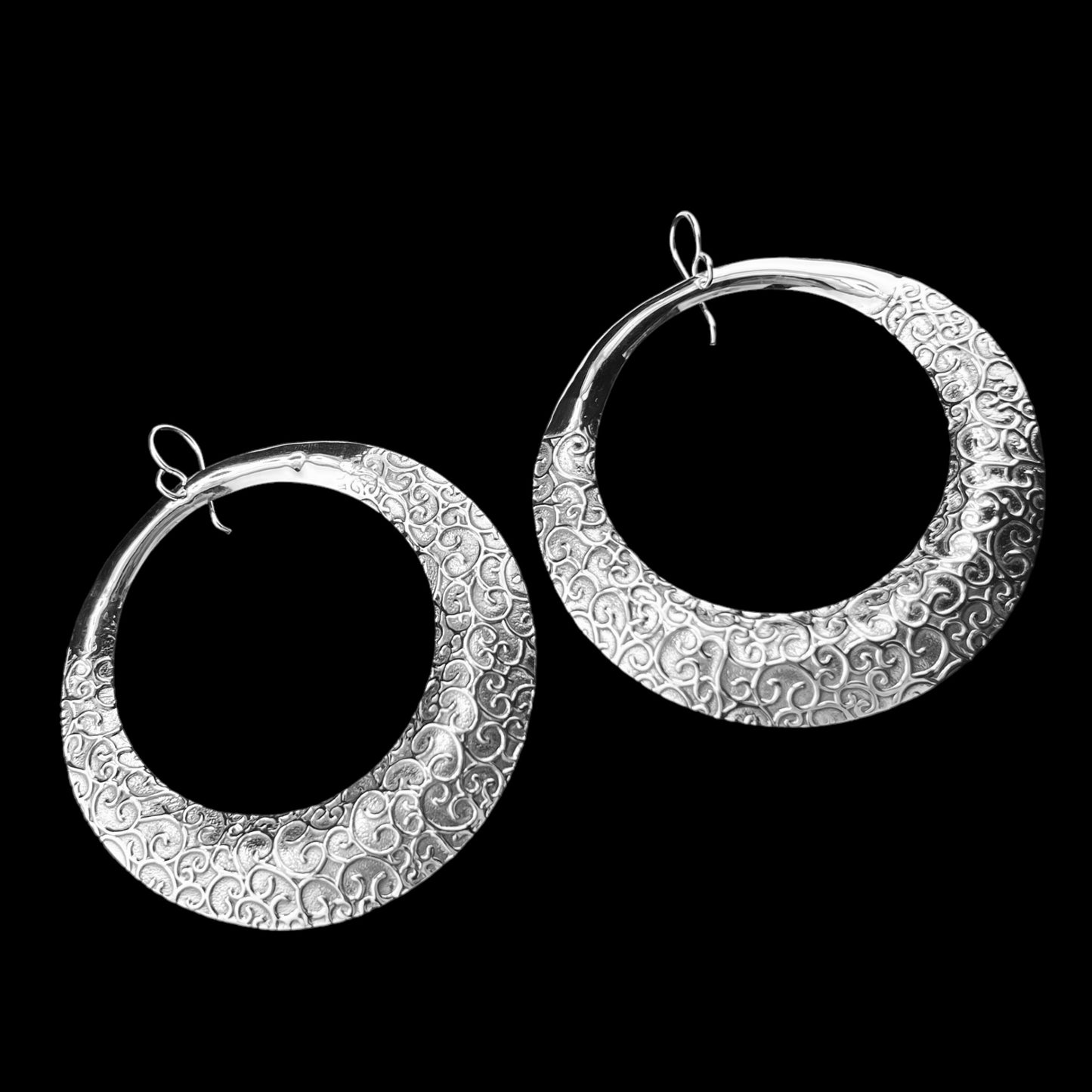 Sterling Silver .925 HOOK Earrings 68mm embossed