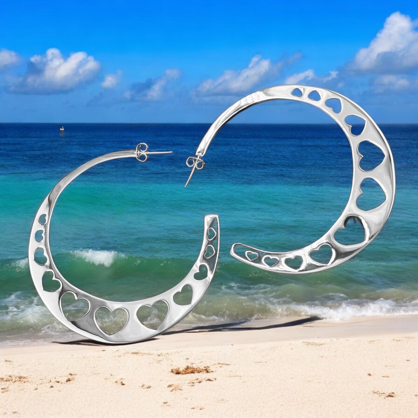 Sterling Silver .925 HOOP POST Earrings 66mm hoope with Hearts