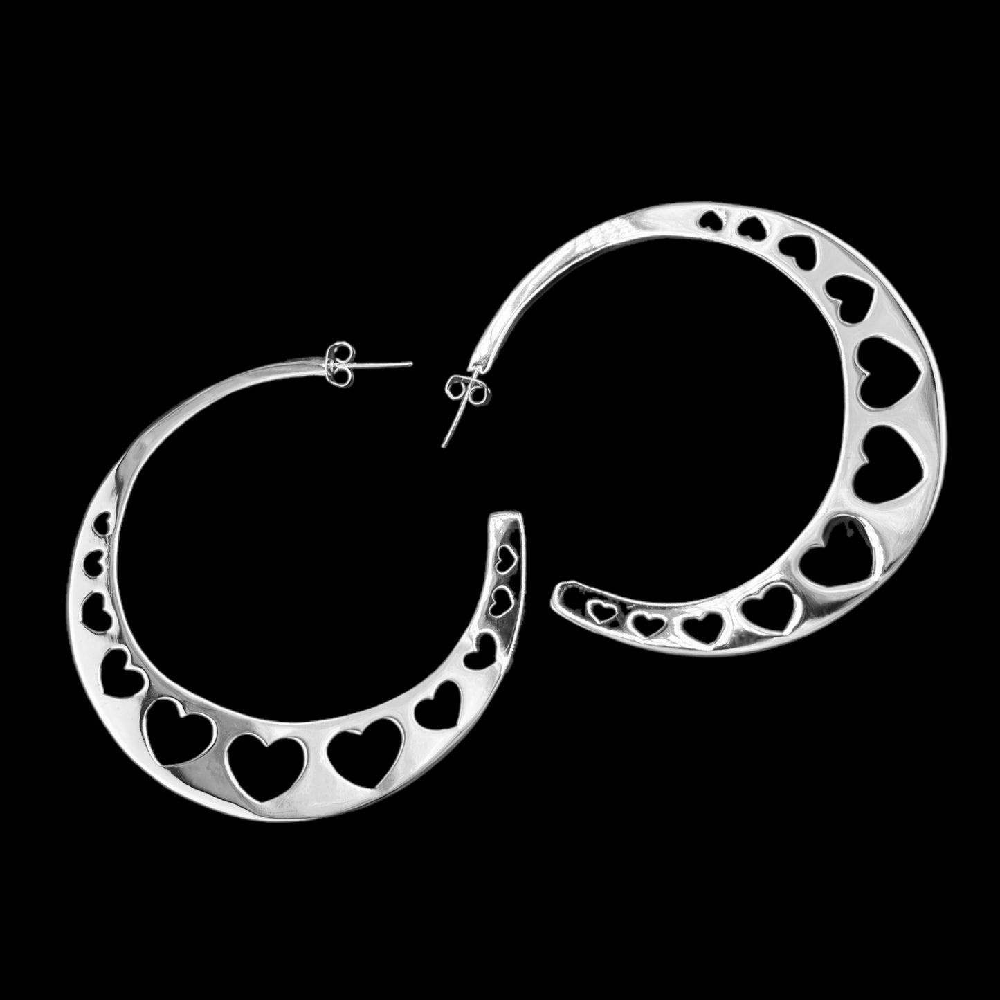 Sterling Silver .925 HOOP POST Earrings 66mm hoope with Hearts