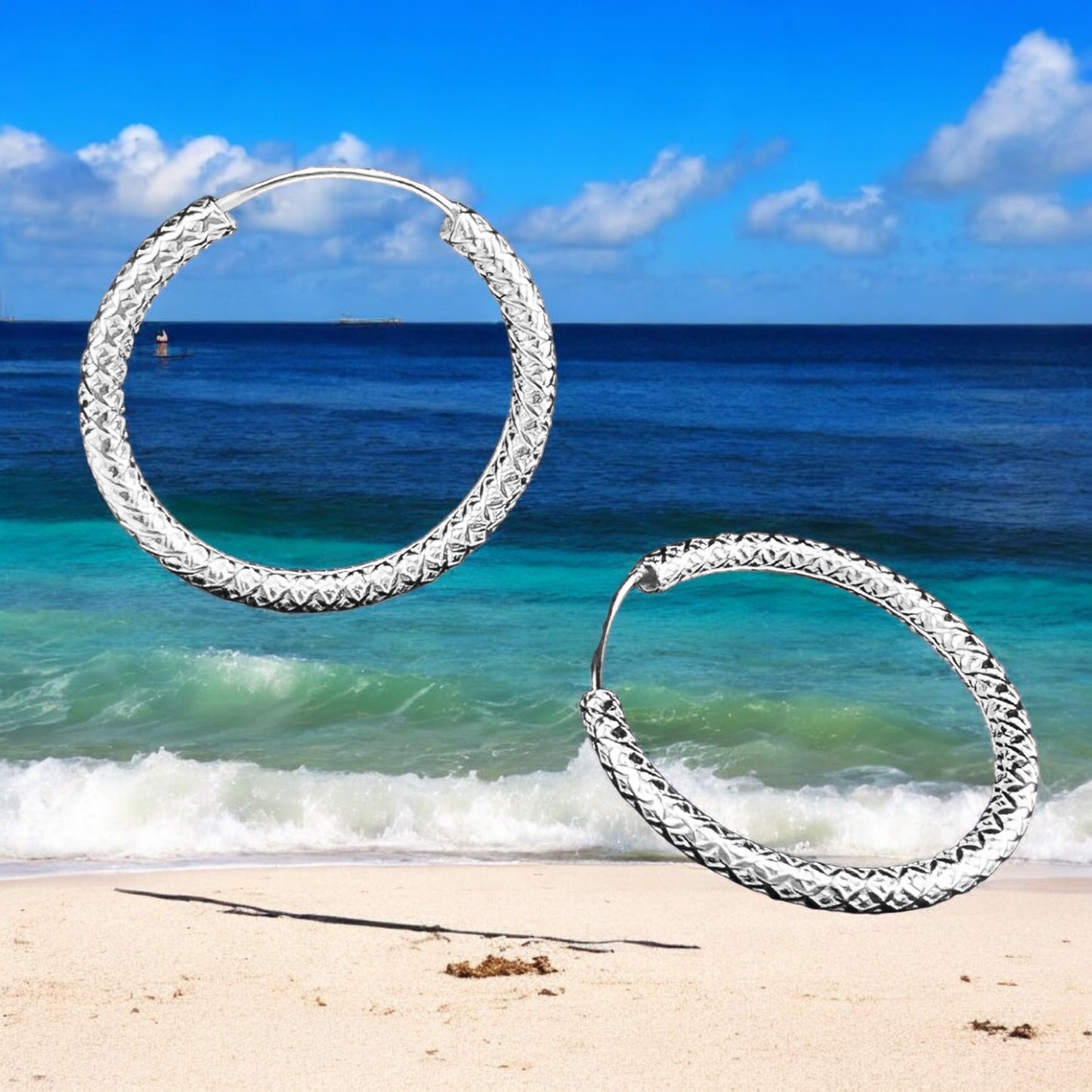 Sterling Silver .925 Infinity HOOP Earrings 25mm diamon embossed pattern