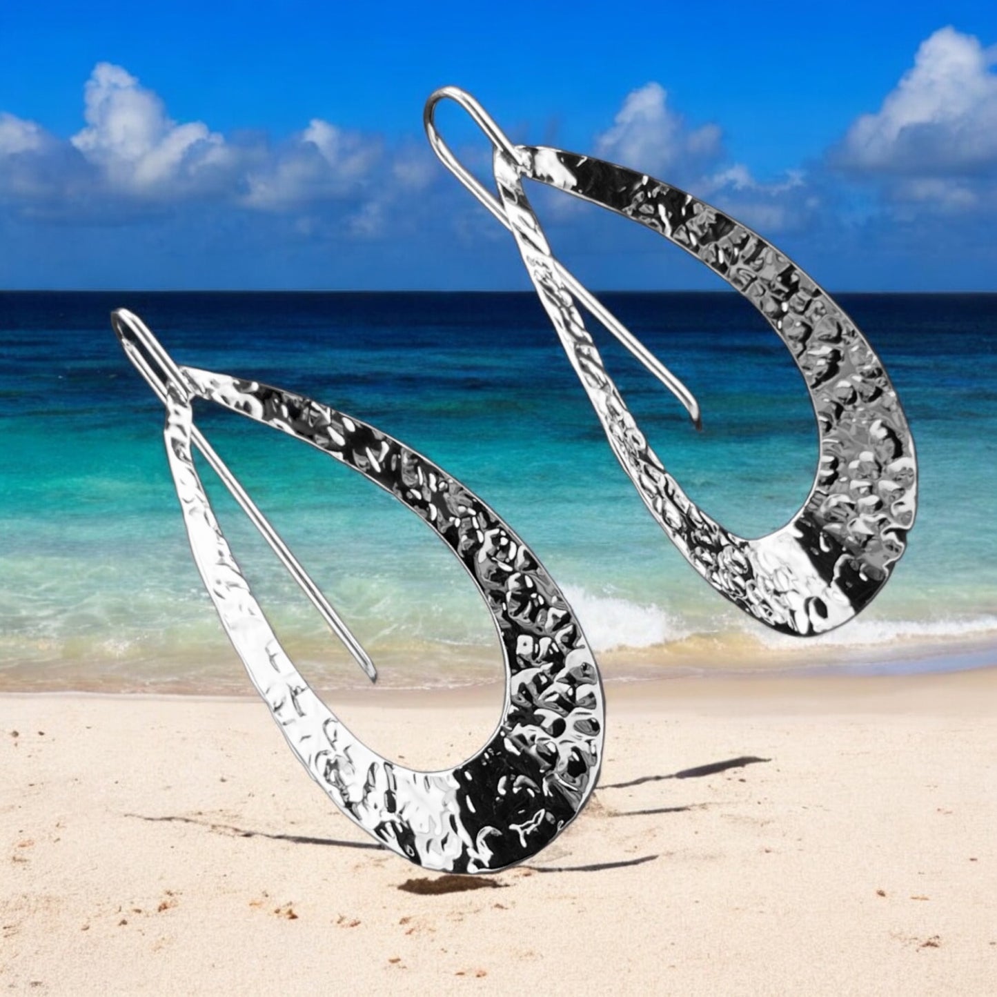 Sterling Silver .925 HOOK Earrings 23mmx56mm Cupped elongated Hammered with open center
