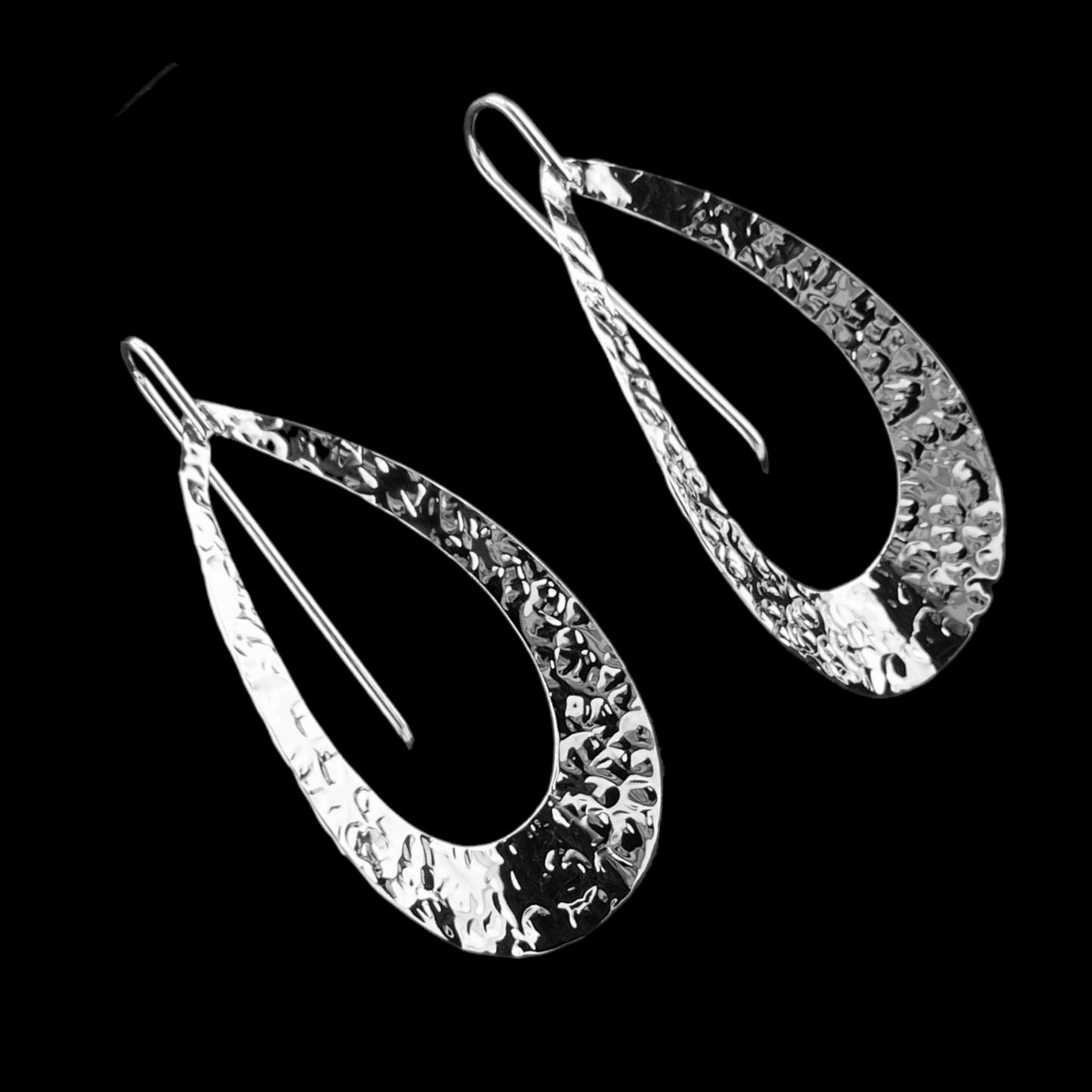 Sterling Silver .925 HOOK Earrings 23mmx56mm Cupped elongated Hammered with open center
