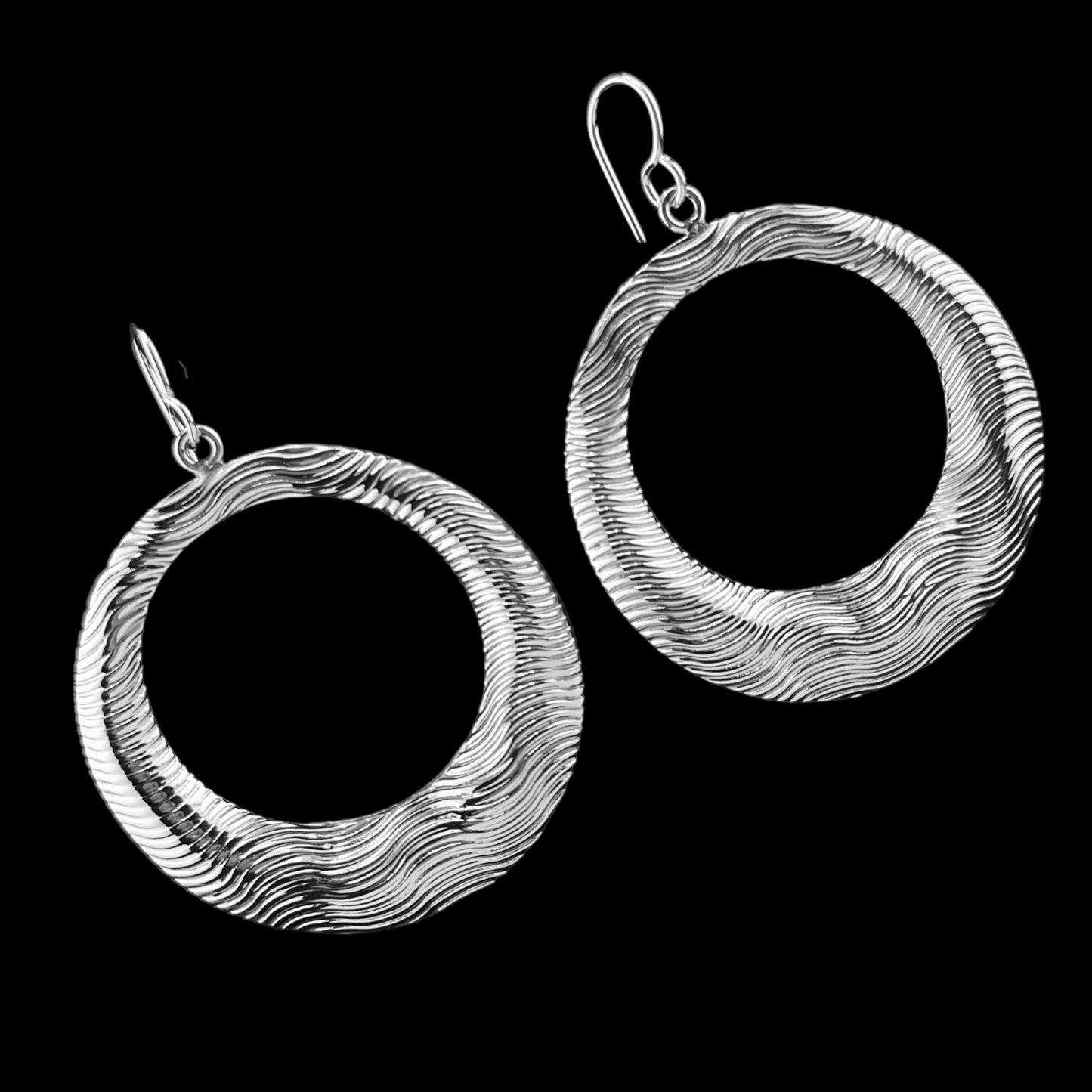 Sterling Silver .925 HOOK HOOP Earrings 43mm wave pattern box structure