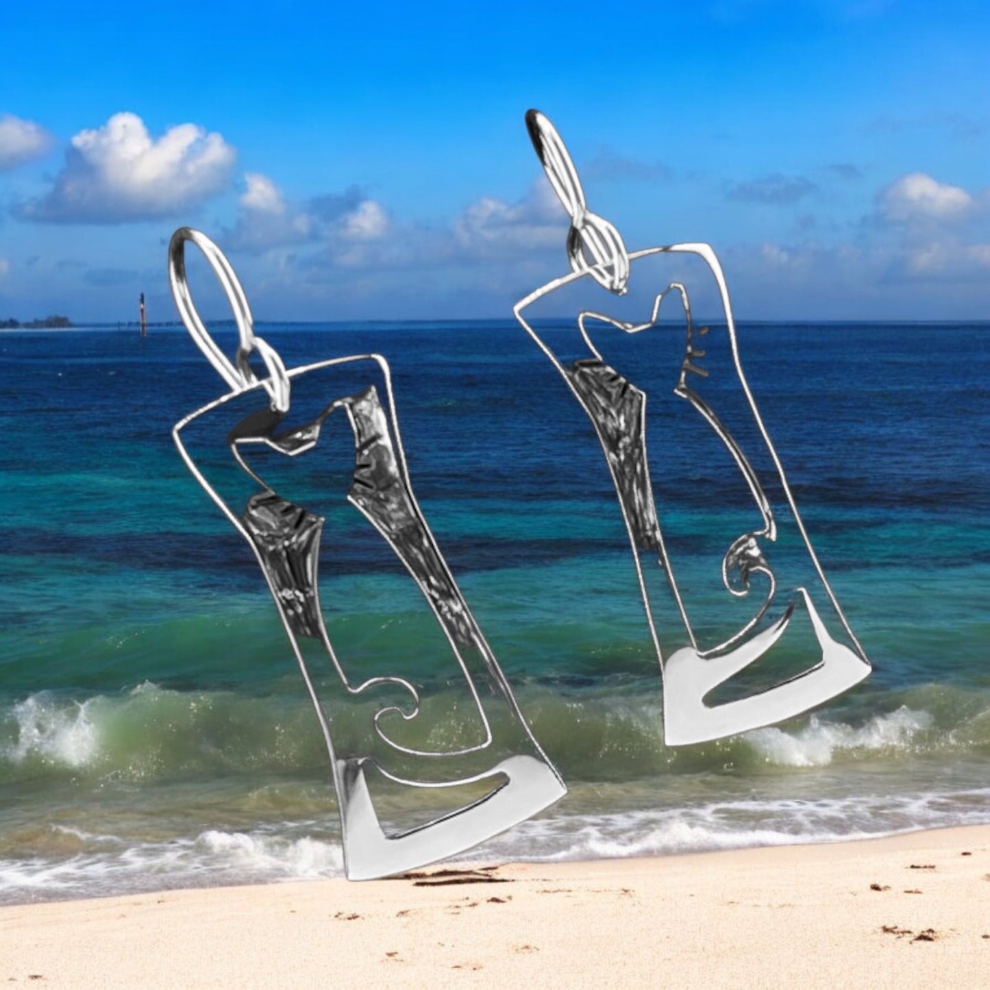 Sterling Silver .925 HOOK Earrings 12mmx28mm Rectangular frame cat cutout