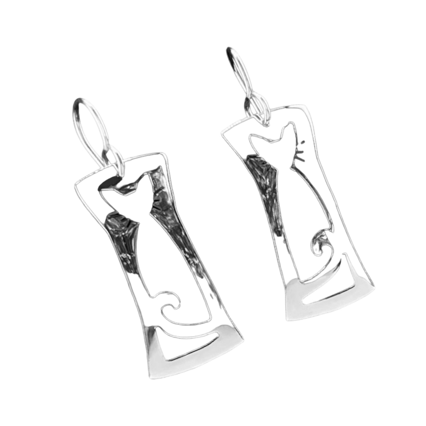 Sterling Silver .925 HOOK Earrings 12mmx28mm Rectangular frame cat cutout