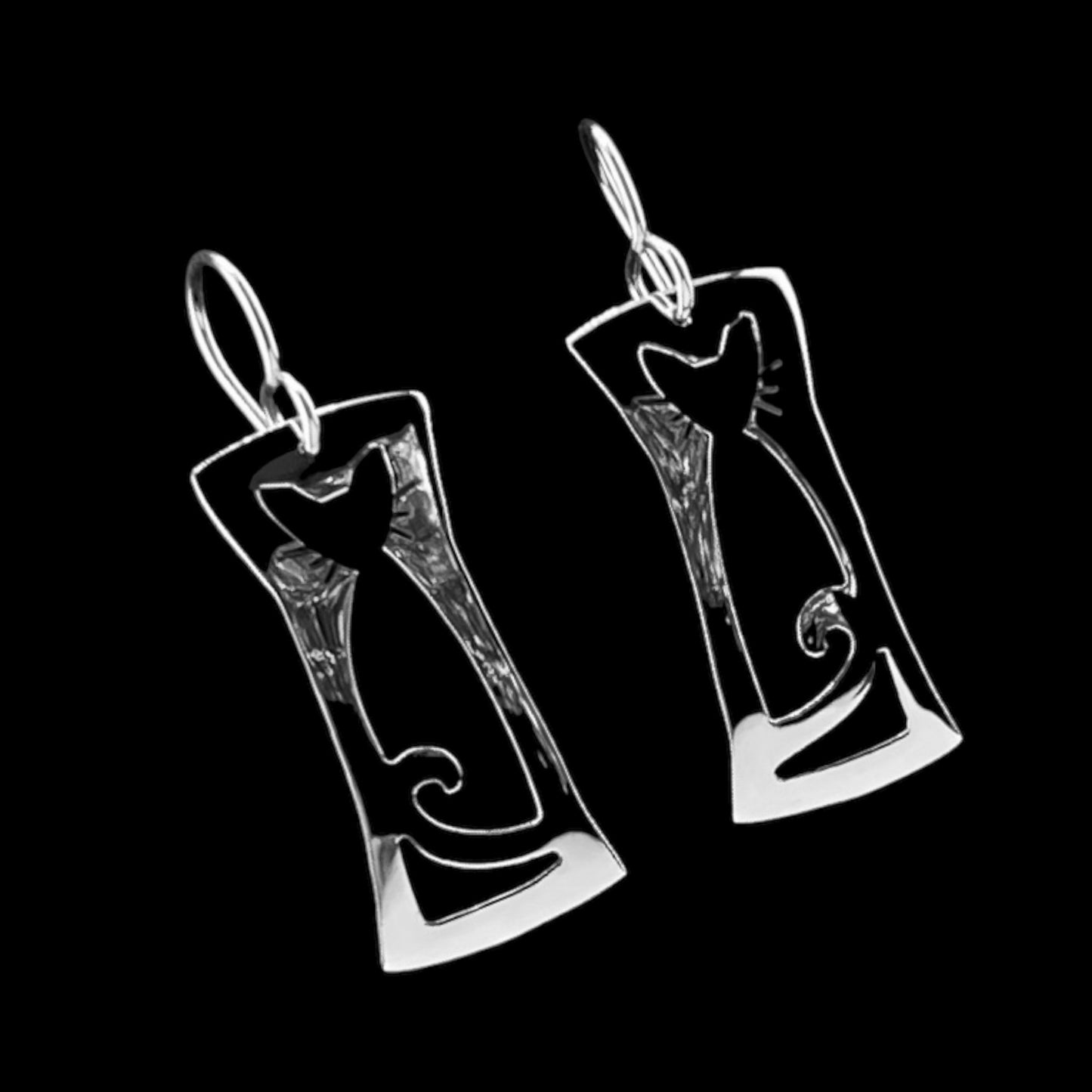Sterling Silver .925 HOOK Earrings 12mmx28mm Rectangular frame cat cutout