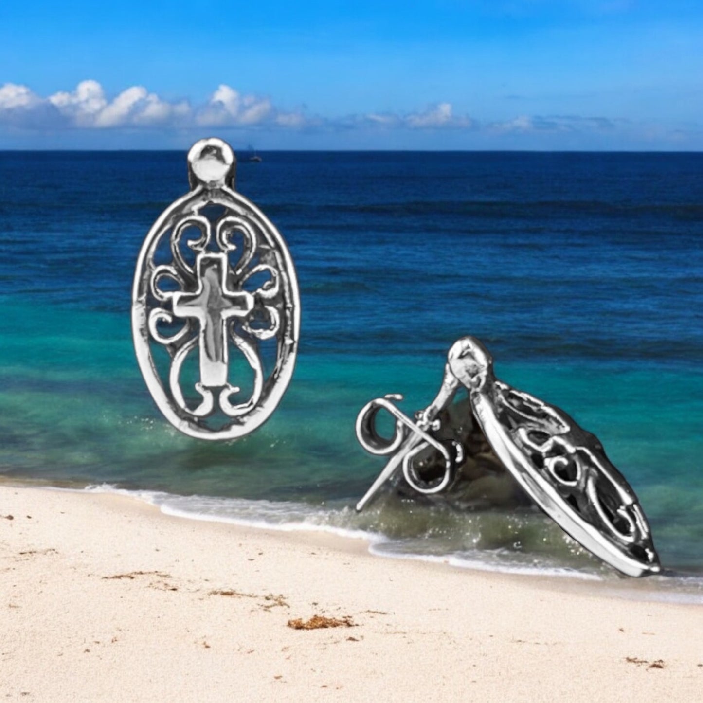 Sterling Silver .925 POST Earrings 8mmx20mm Oval shape filigree w cross