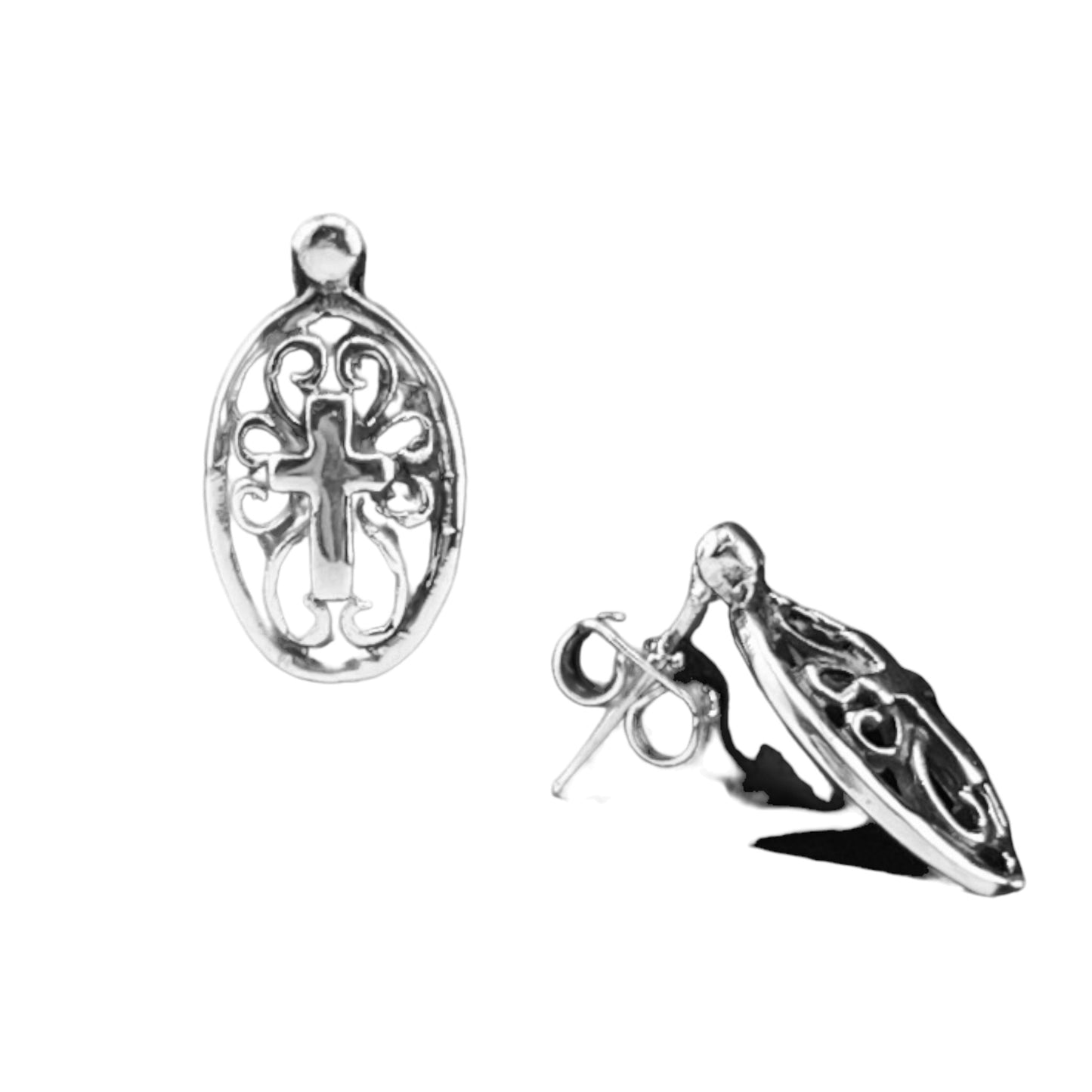 Sterling Silver .925 POST Earrings 8mmx20mm Oval shape filigree w cross