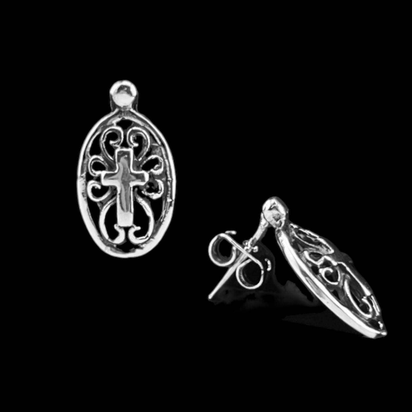 Sterling Silver .925 POST Earrings 8mmx20mm Oval shape filigree w cross