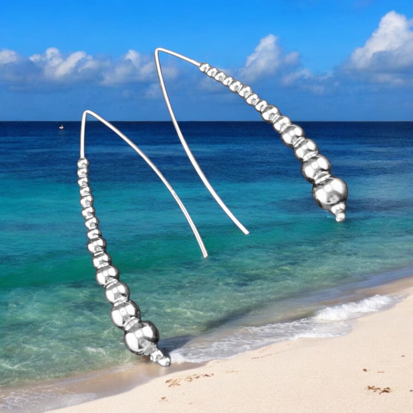 Sterling Silver .925 Integral Earrings 5mmx60mm Diminishing Beads on wire hook