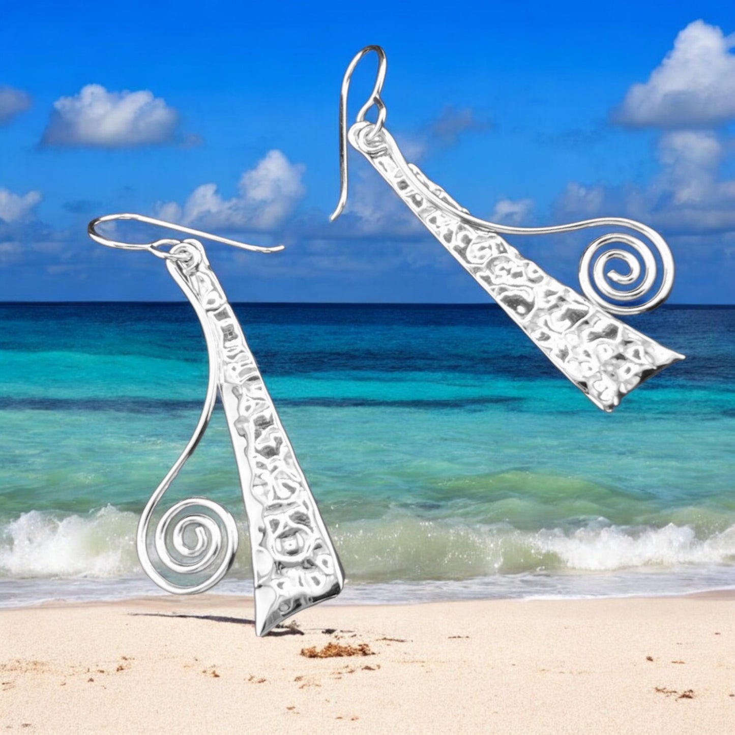 Sterling Silver .925 HOOK Earrings 10mmx42mm Hammered Triangle with spiral wire