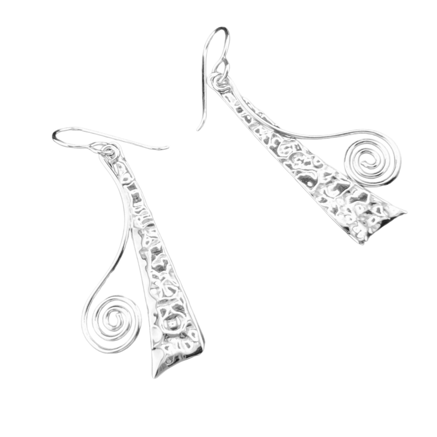 Sterling Silver .925 HOOK Earrings 10mmx42mm Hammered Triangle with spiral wire