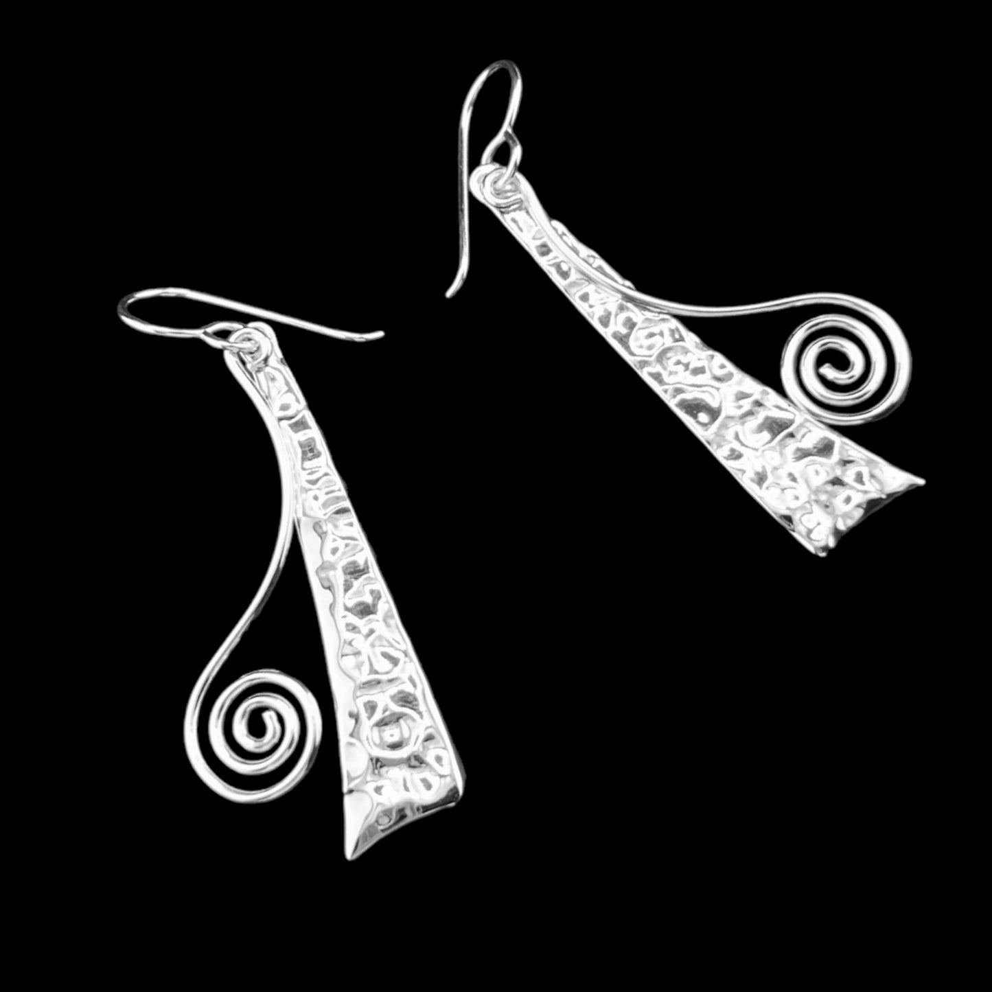 Sterling Silver .925 HOOK Earrings 10mmx42mm Hammered Triangle with spiral wire