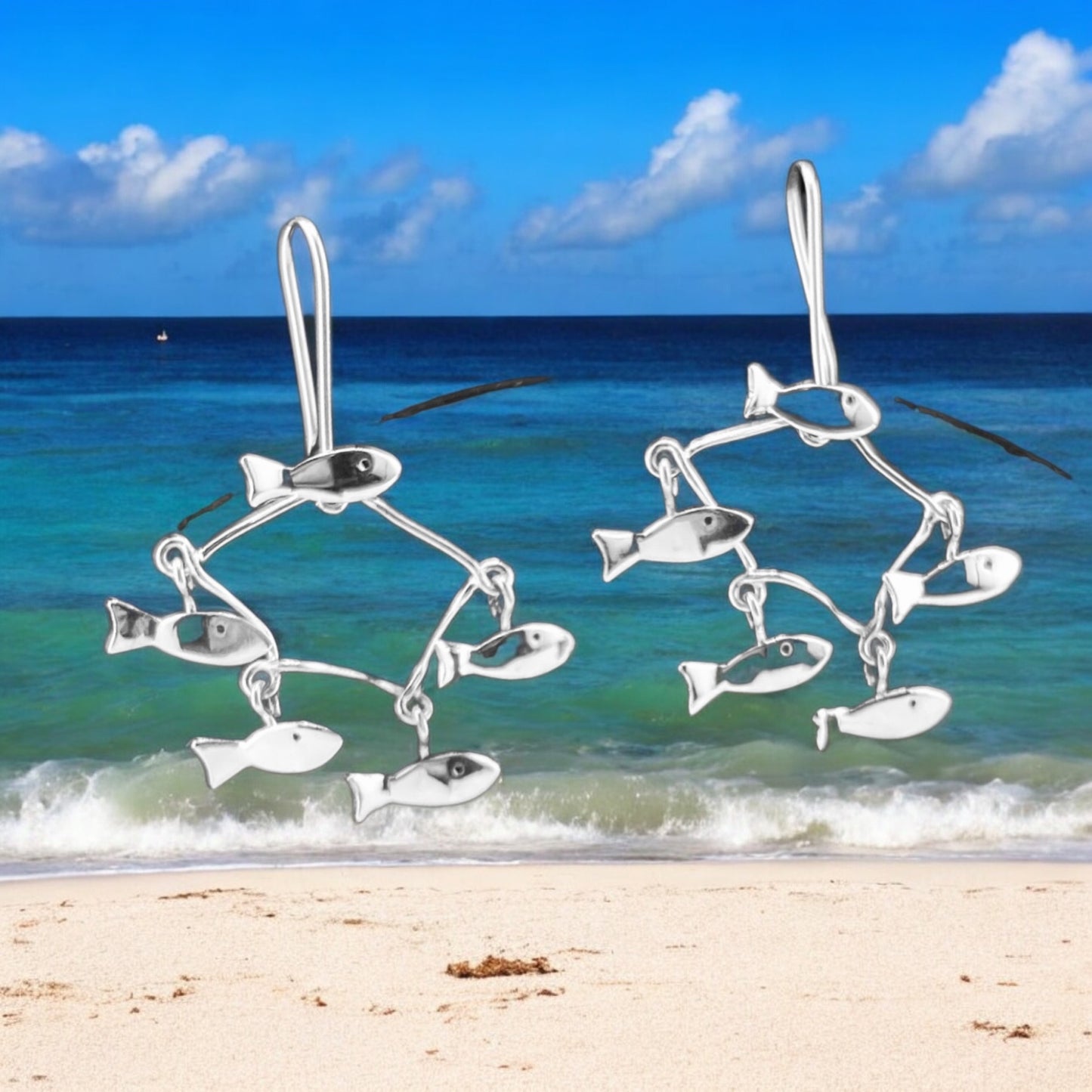 Sterling Silver .925 HOOK Earrings 35mmx40mm Fish Chandelier